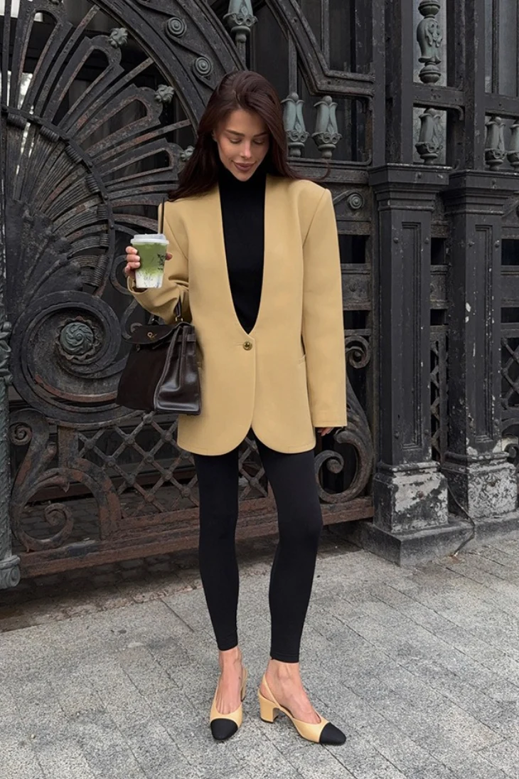Solid V-Neck Minimalist Office Blazer - malitai