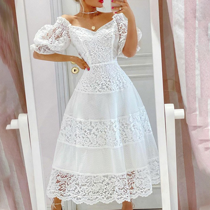 White Floral Print Elegant Puff Sleeve Slash Neck  Lace Party Prom Wedding Dresses