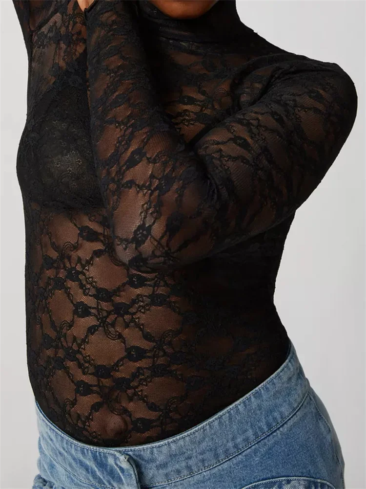 Women Lace Turtleneck Mesh See Through Fall Club Streetwear T-shirts - malitai