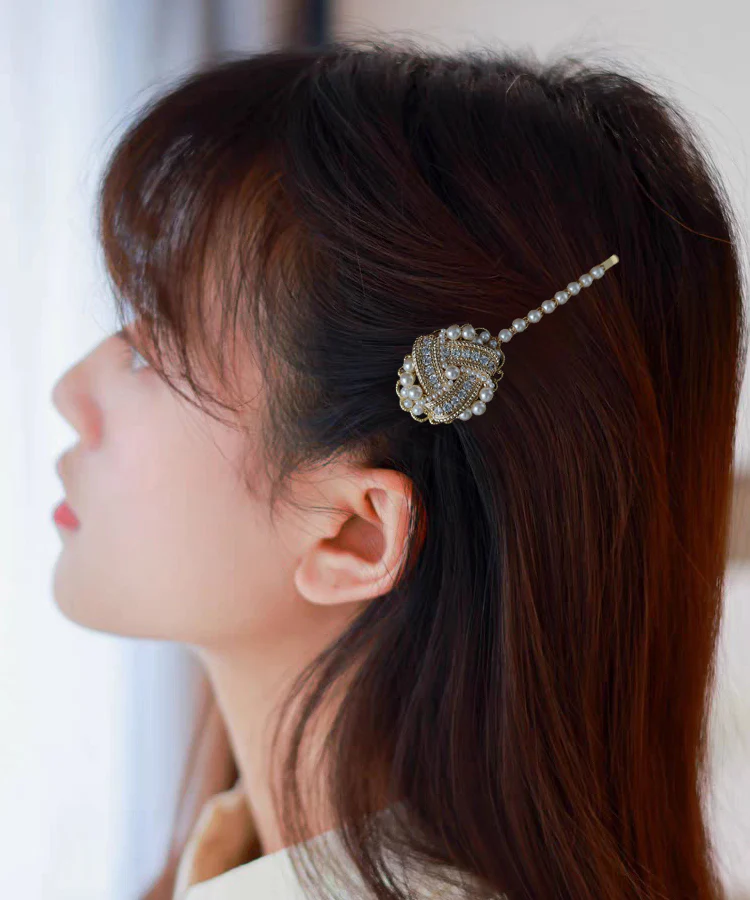 Bohemian Gold Copper Overgild Inlaid Pearl Zircon Hairpin
