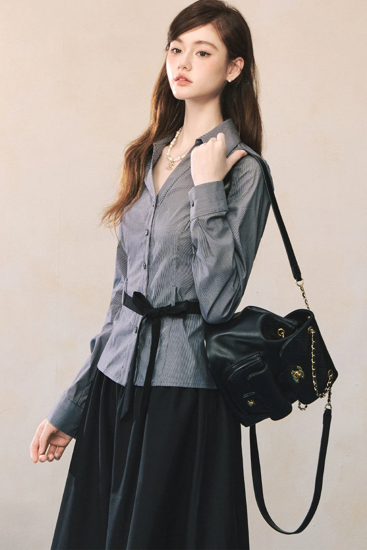 V-Neck Long-Sleeved Tie-Waist Shirt - gxfjsh