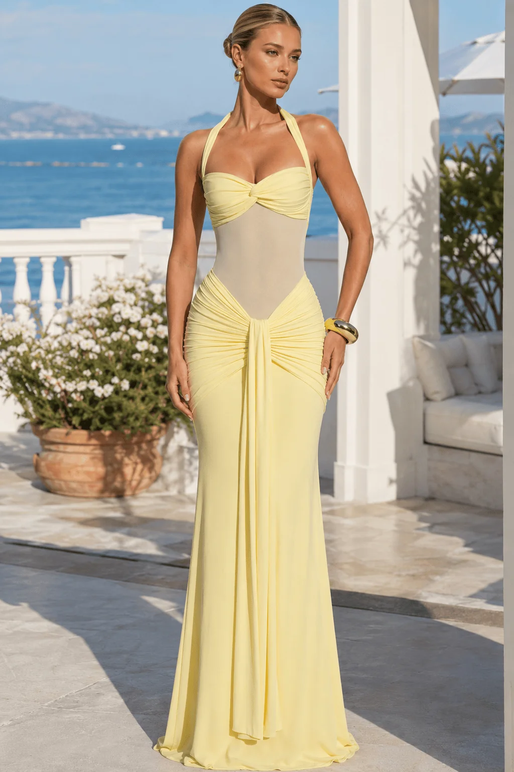 Ruched Halter Drape Tie Curve Long Slip Dress - malitai