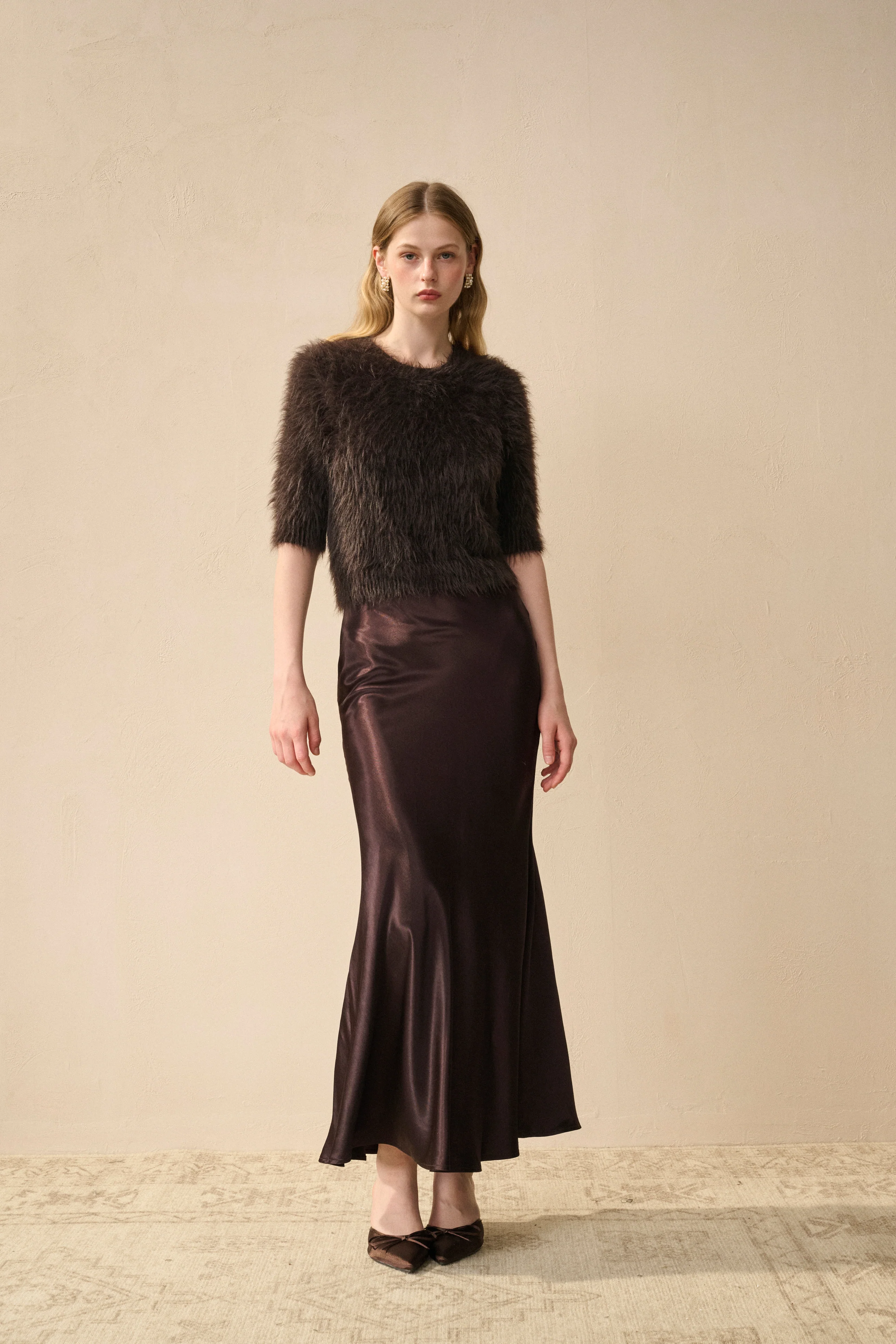 Short-sleeve fuzzy knit sweater