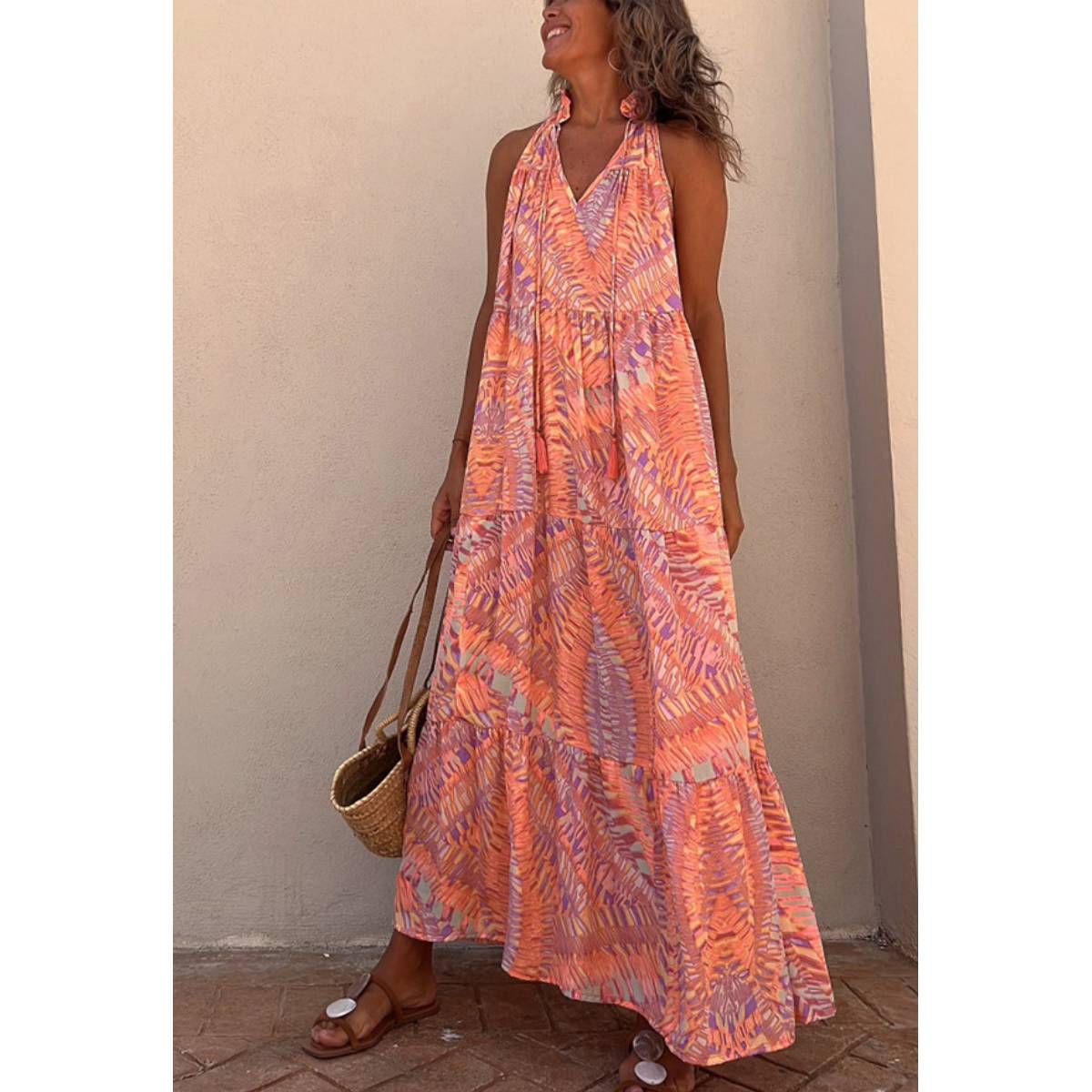 Orange Geometric Print Tassel Tie Halterneck Maxi Dress