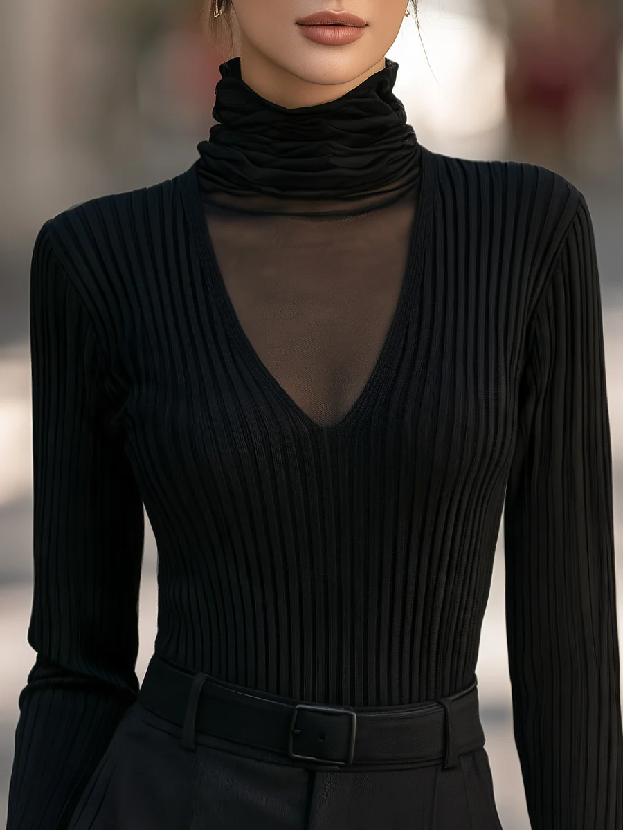Mesh Turtleneck Ribbed Knit Top - kaehukai
