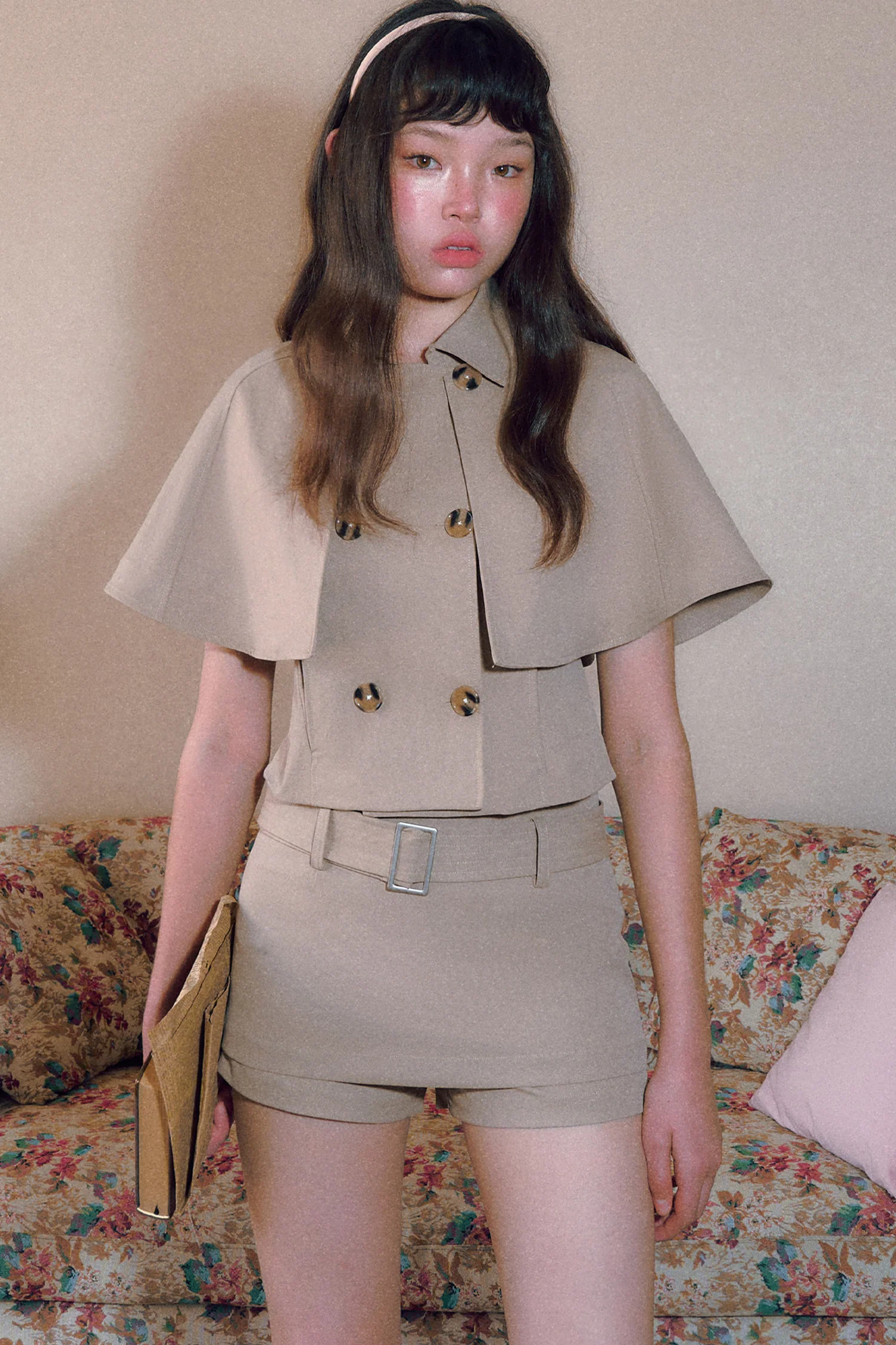 Vintage Double-Breasted Cape Top and Short Skirt Set-Up - gxfjsh