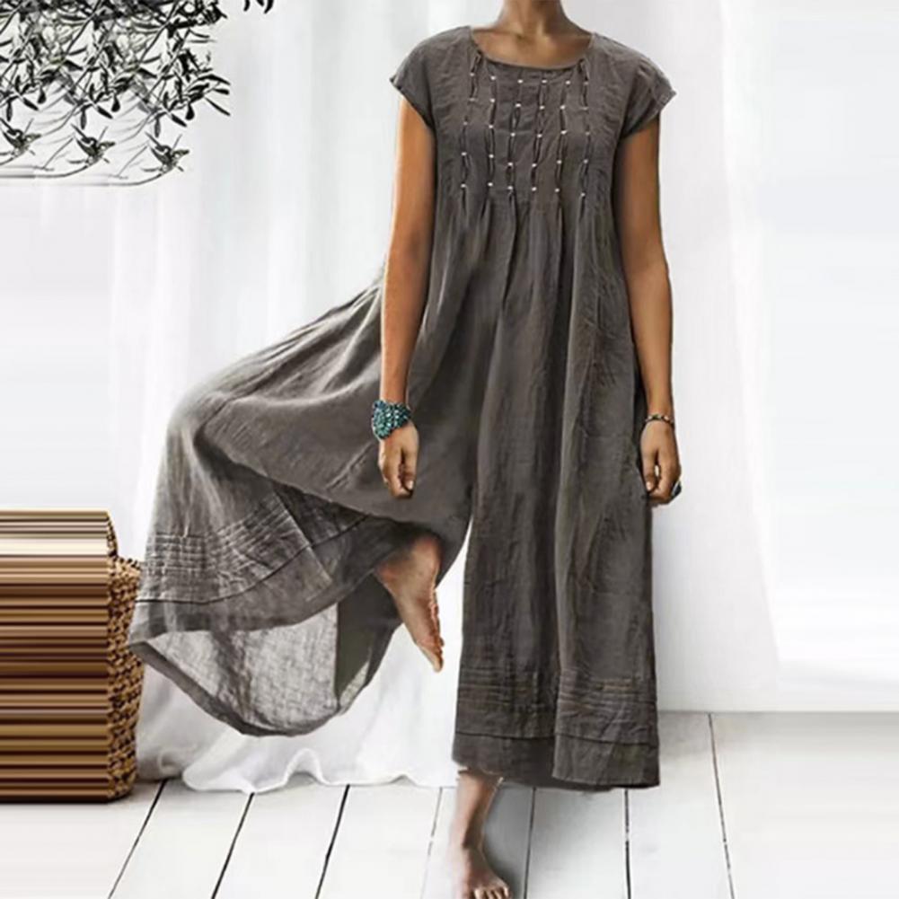 Women Loose Solid Color O Neck Elegant Vintage Wide Leg Jumpsuit