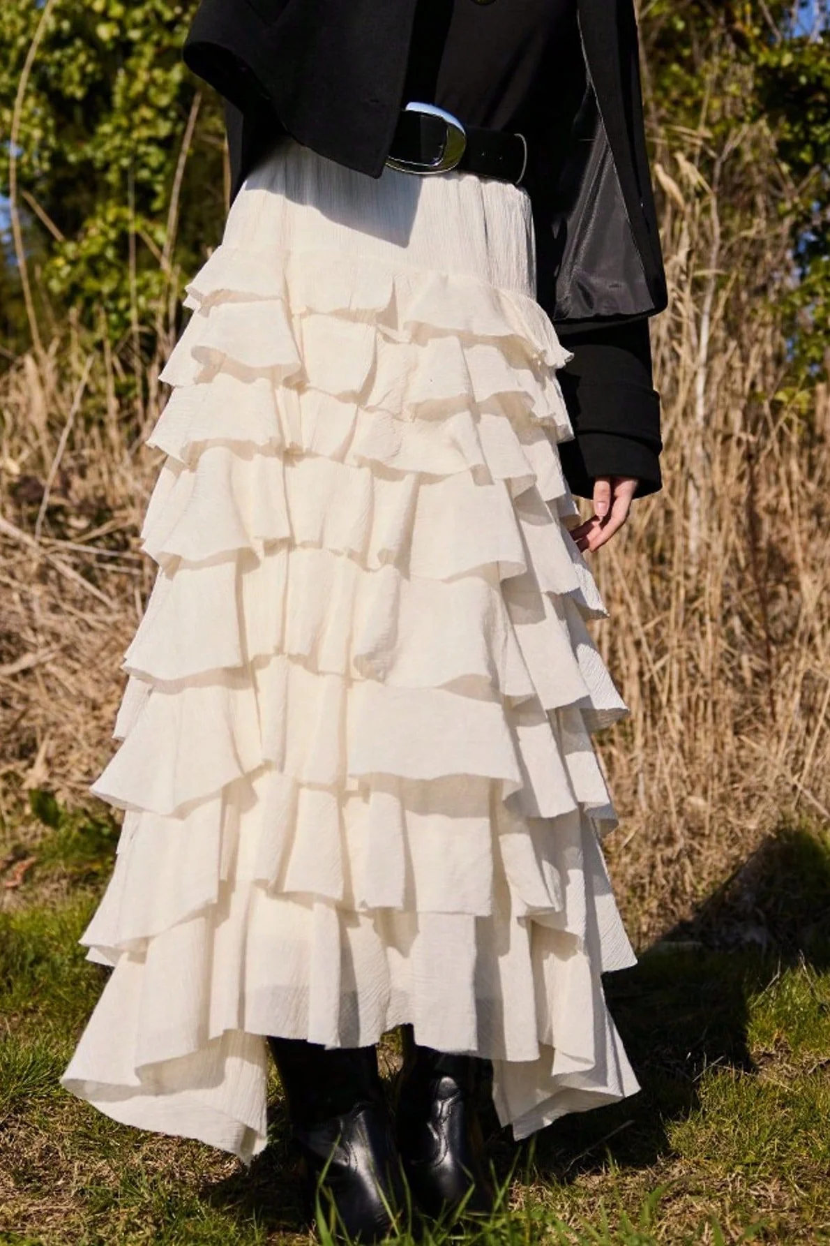 Sweet Tiered Flounce Midi Skirt