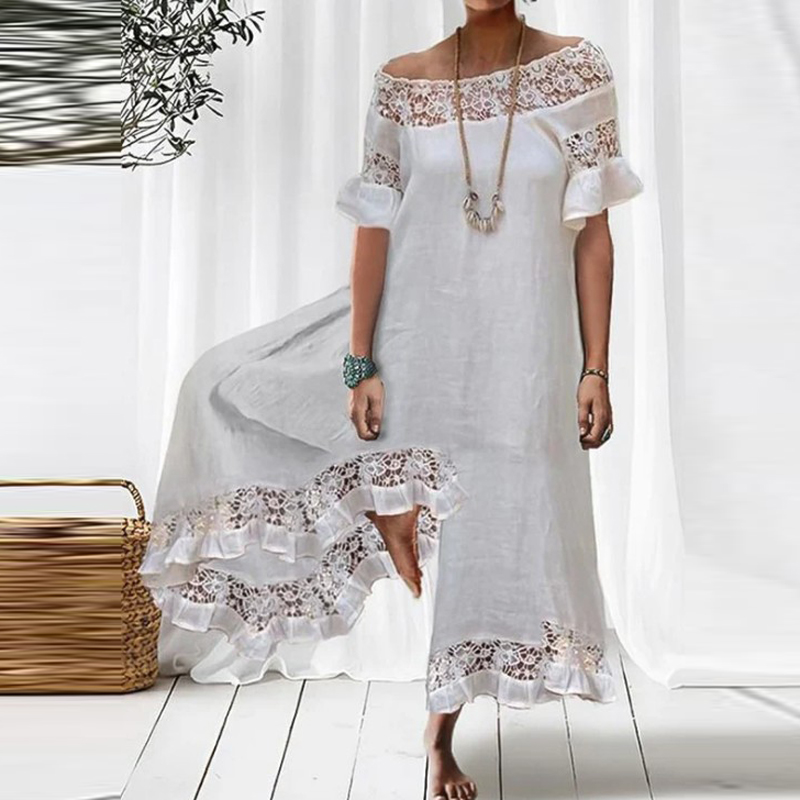 Elegant Women Cotton Linen Lace Fashion Sexy Loose Wide Leg jumpsuit