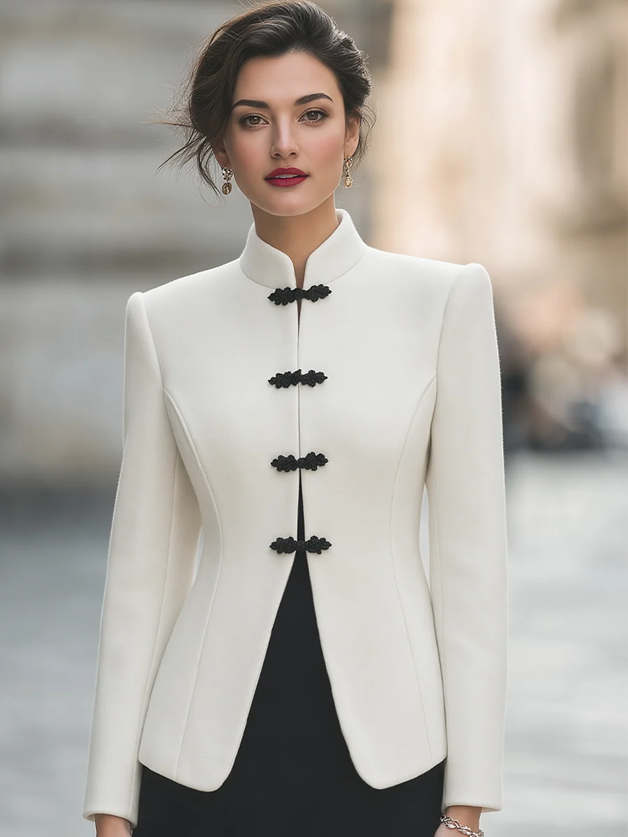 Ivory Stand Collar Black Frog Button Fitted Tailored Jacket - kaehukai