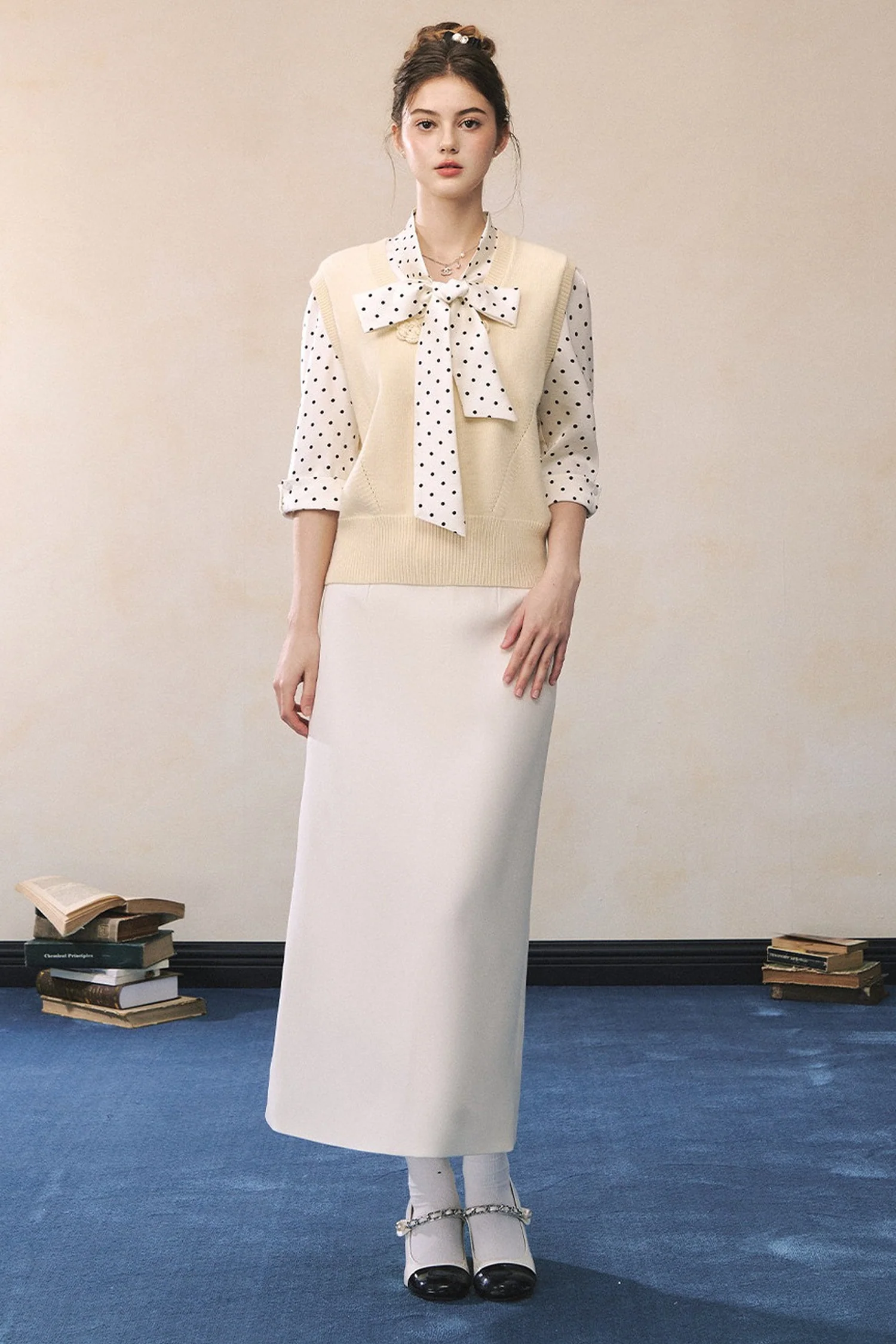 Polka Dot Satin Bow Tie Shirt and Skirt Set-UP - gxfjsh