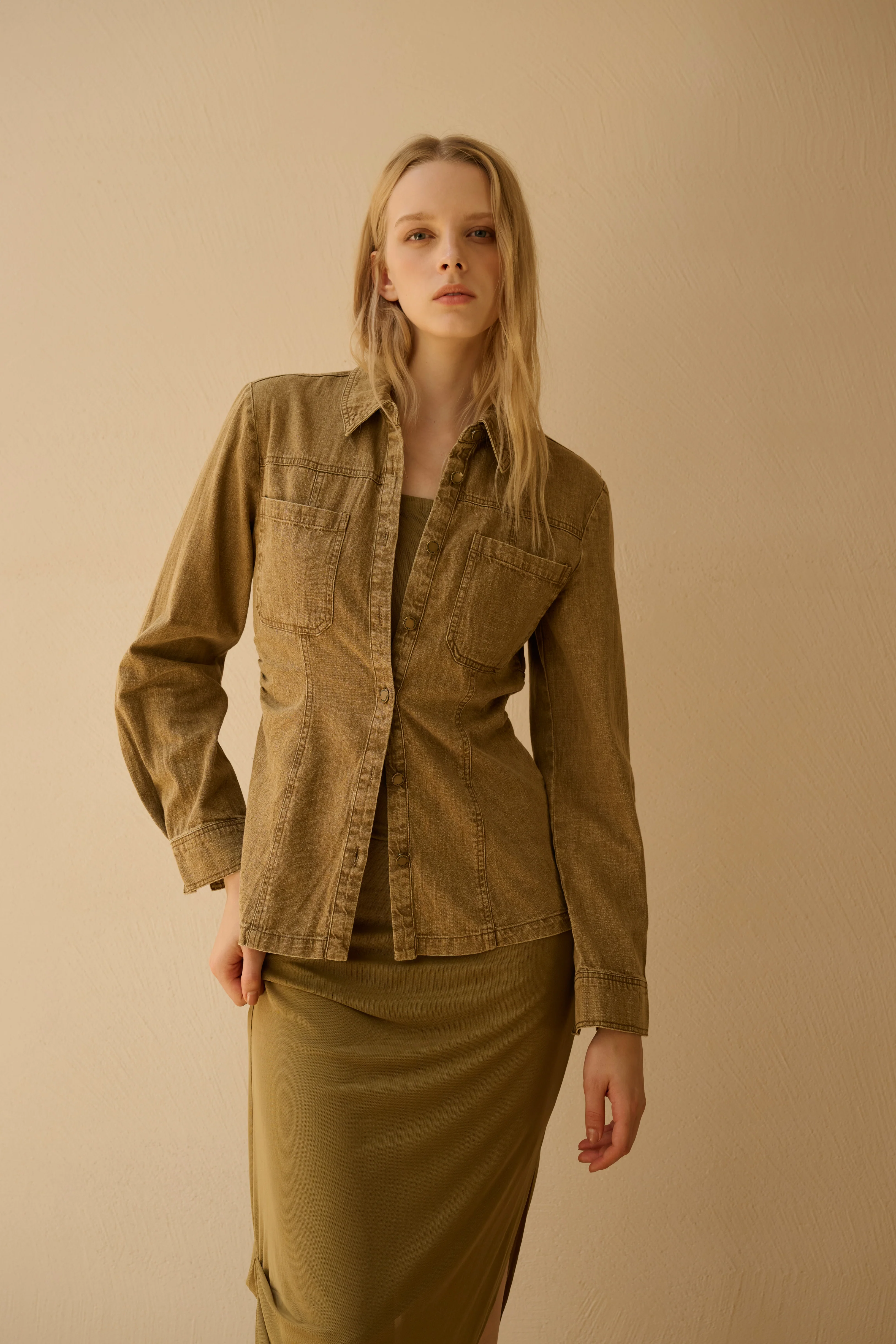 Washed denim cinched-waist shirt