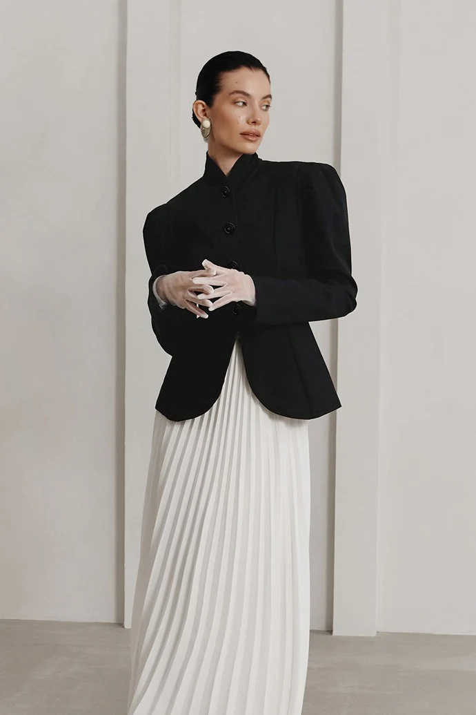 Black Mandarin Collar Puff Sleeve Blazer - malitai