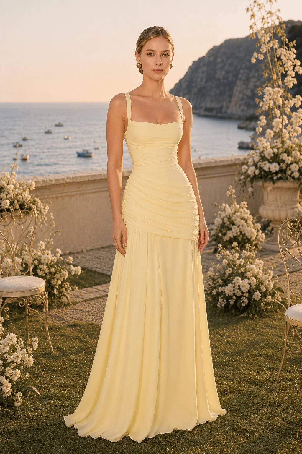 Solid Plunge Ruched Waist Backless Slip Dress - malitai