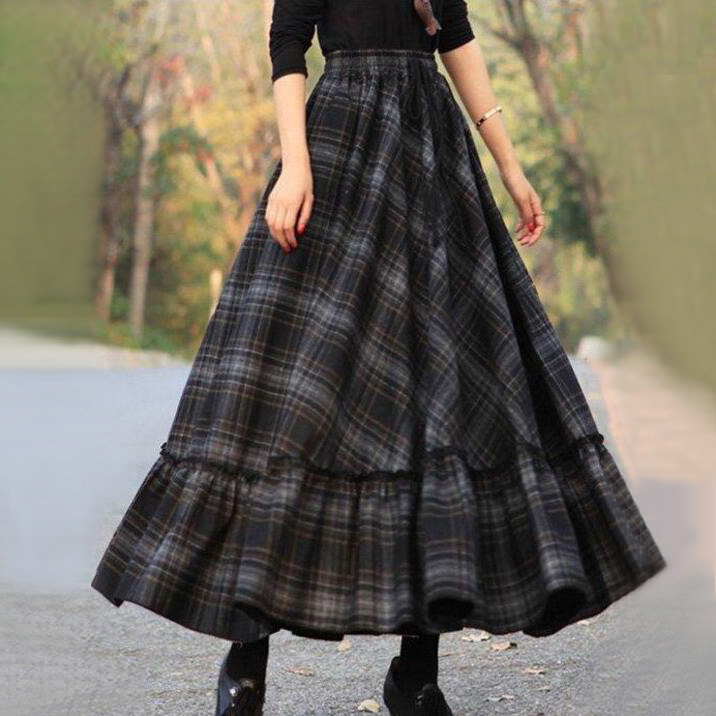 Women Plaid Printing Ruffle High Waist Fashion A-Line Skirts