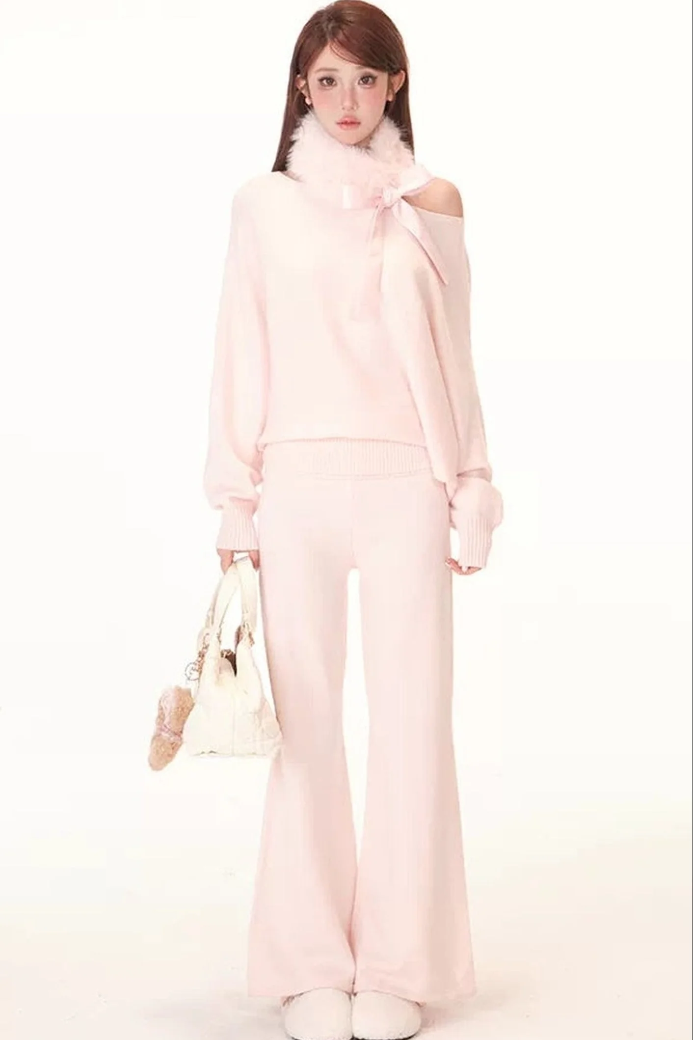 Pink Porcelain Off-Shoulder Knit Set-Up - gxfjsh