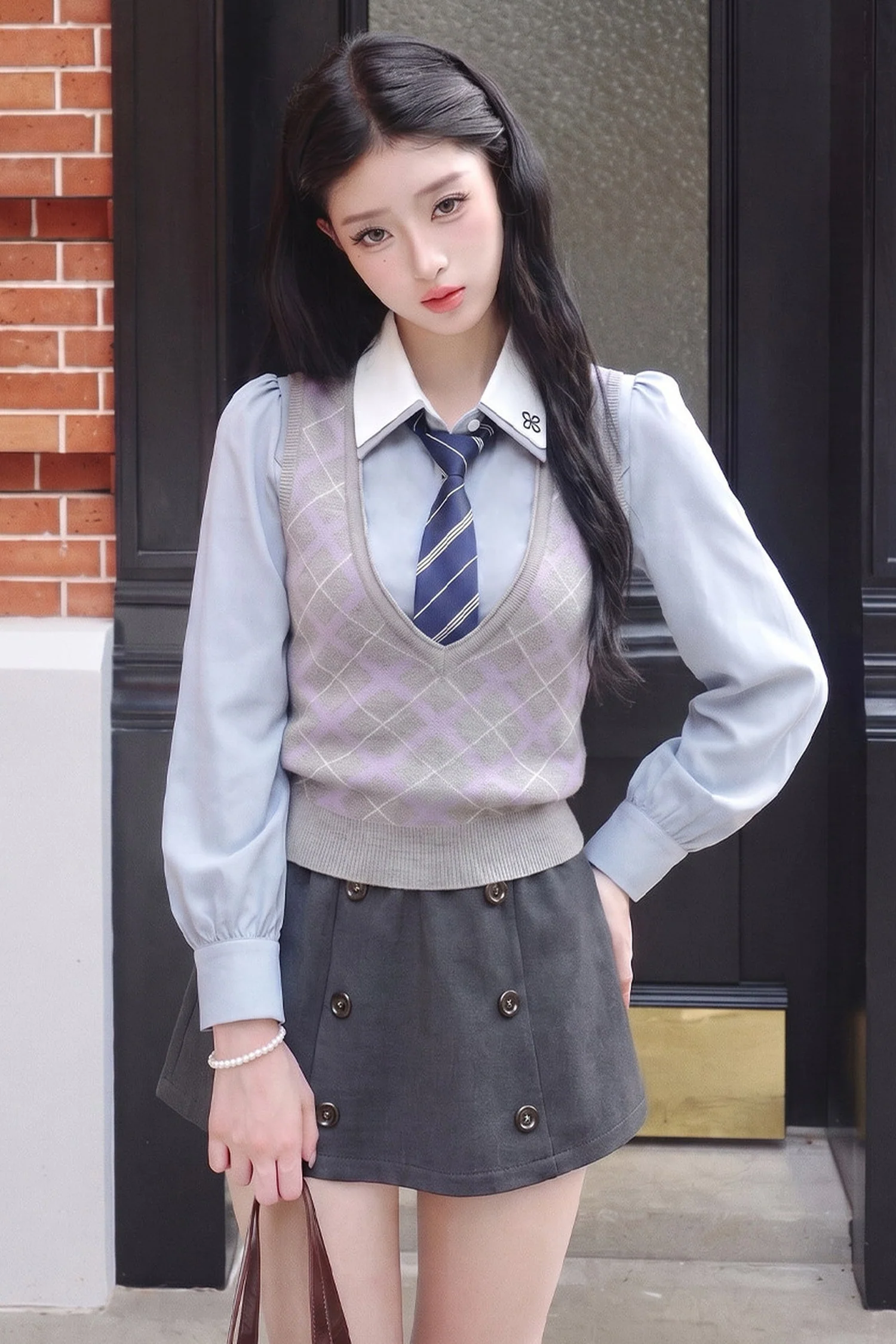 Plaid Vest, Long-Sleeve Shirt and Skirt Set-Up - gxfjsh