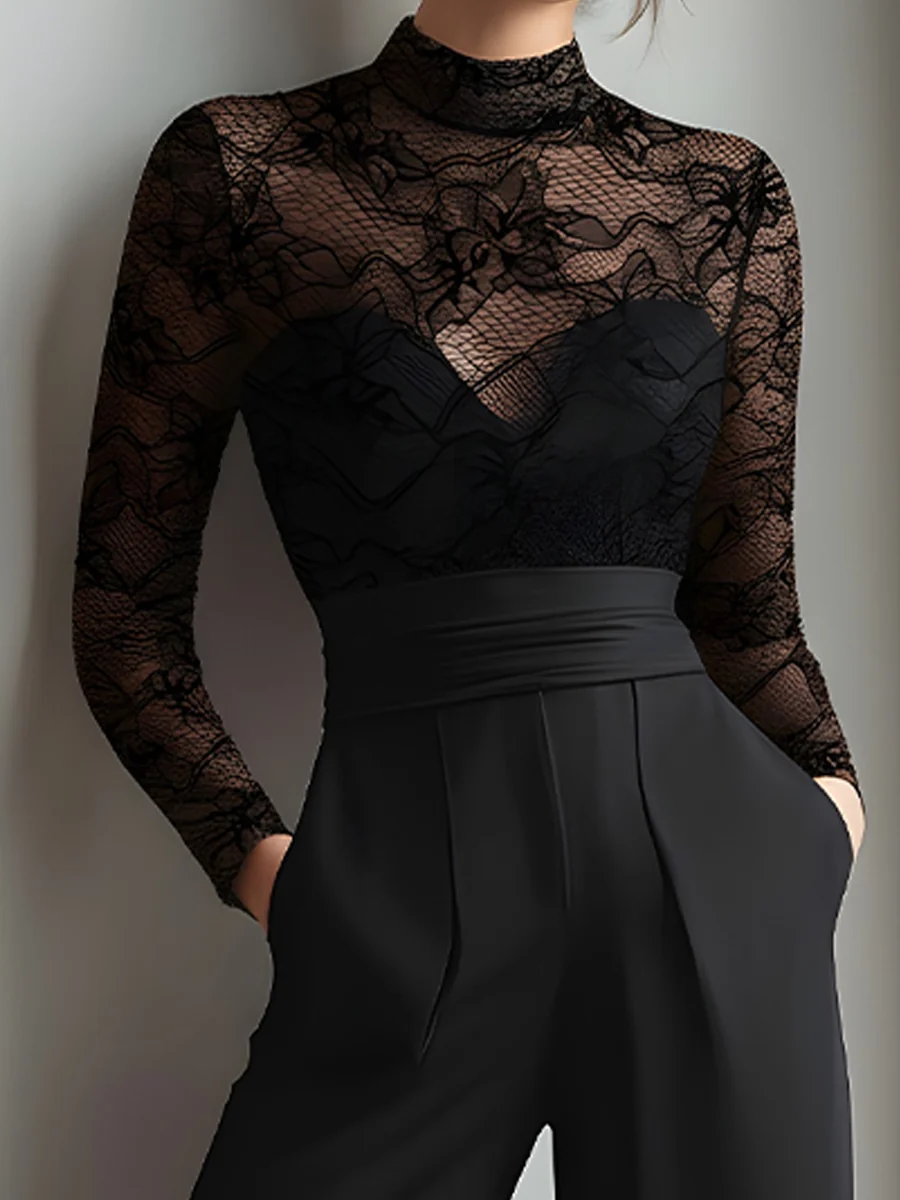 Black Lace Illusion Bodice Wide-Leg Evening Jumpsuit - kaehukai