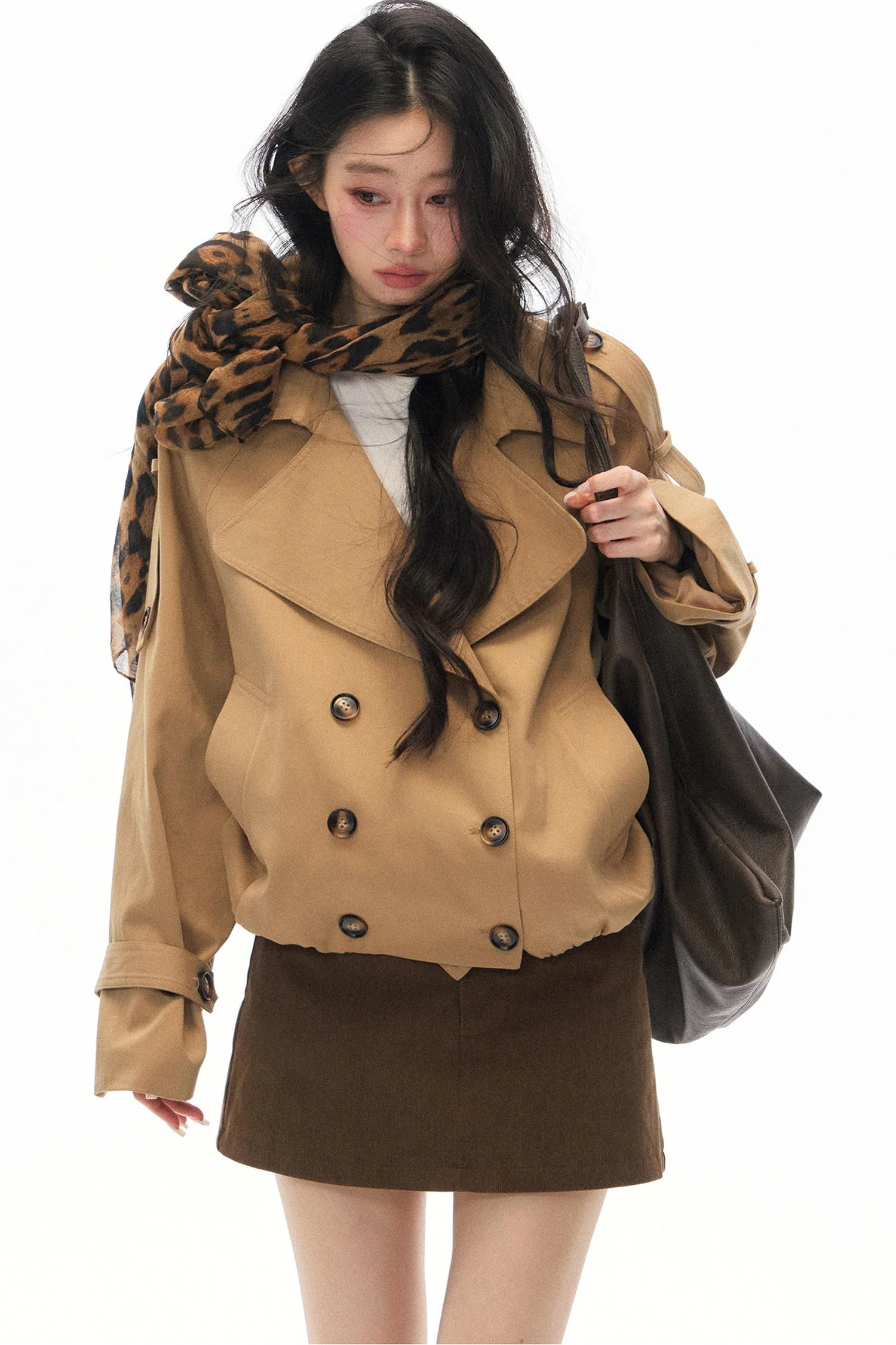 Khaki Double-Breasted Trench Coat and Skirt Set-Up - gxfjsh