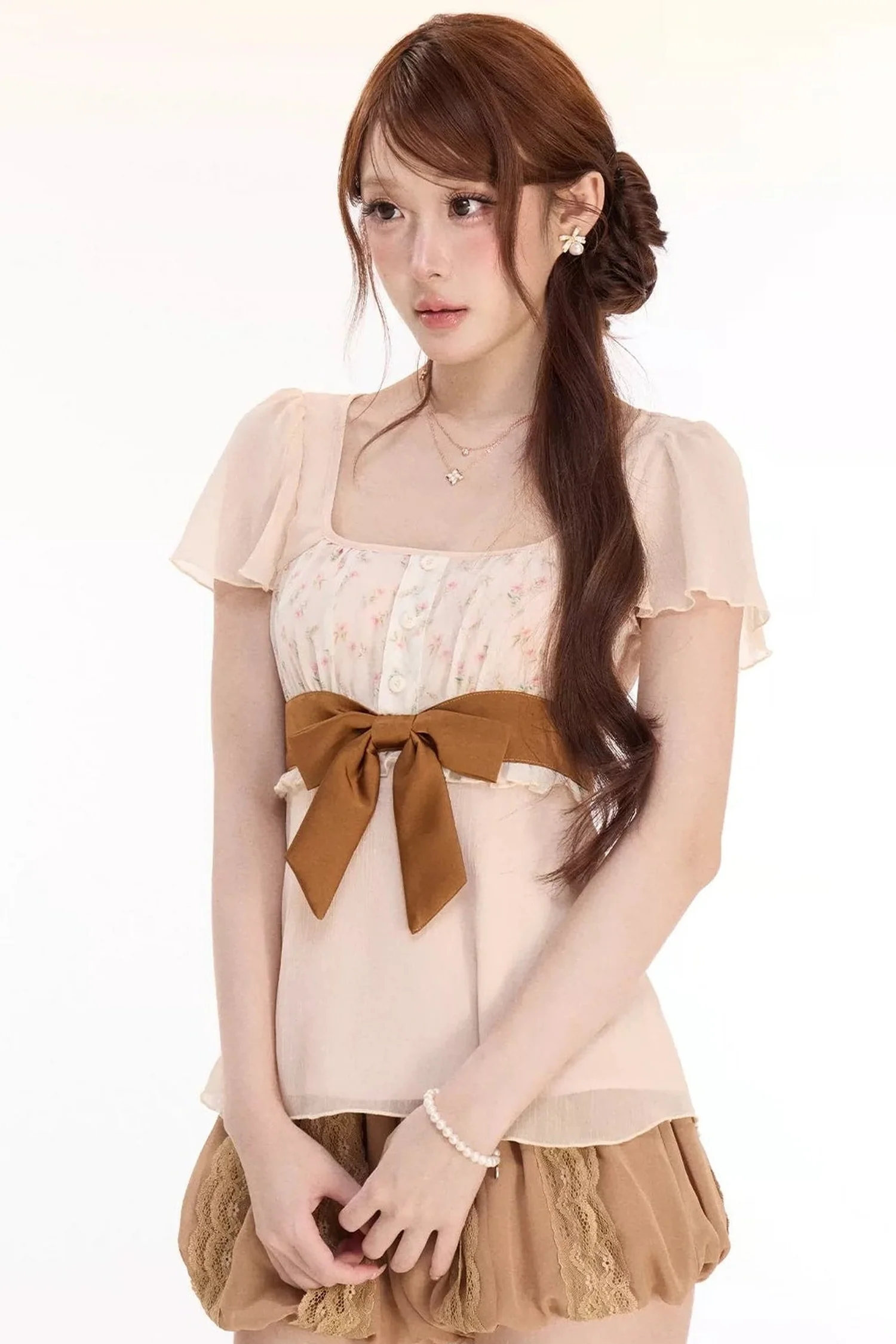 Floral Bow Chiffon Top and Lace Petal Shorts Set - gxfjsh
