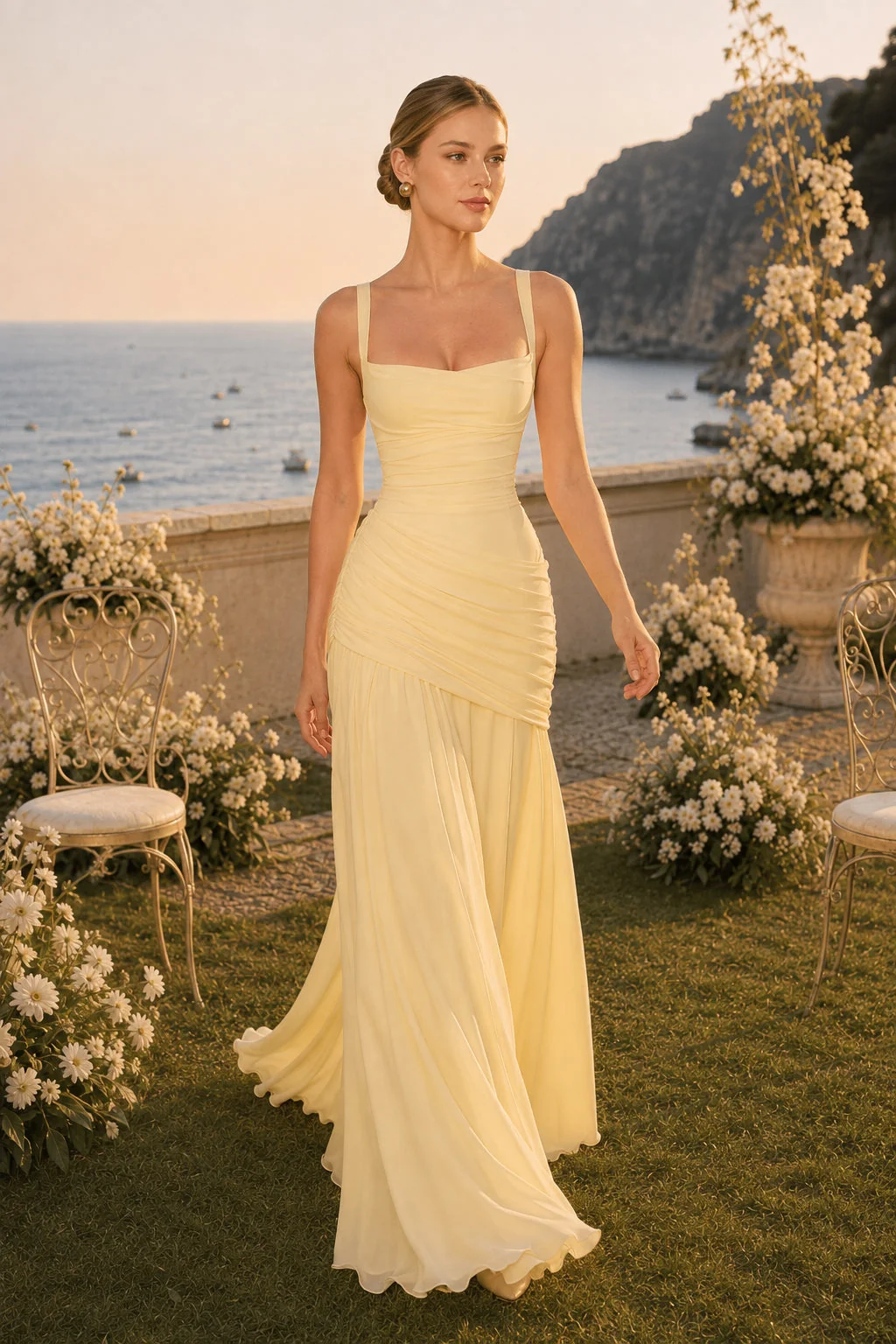 Solid Plunge Ruched Waist Backless Slip Dress - malitai