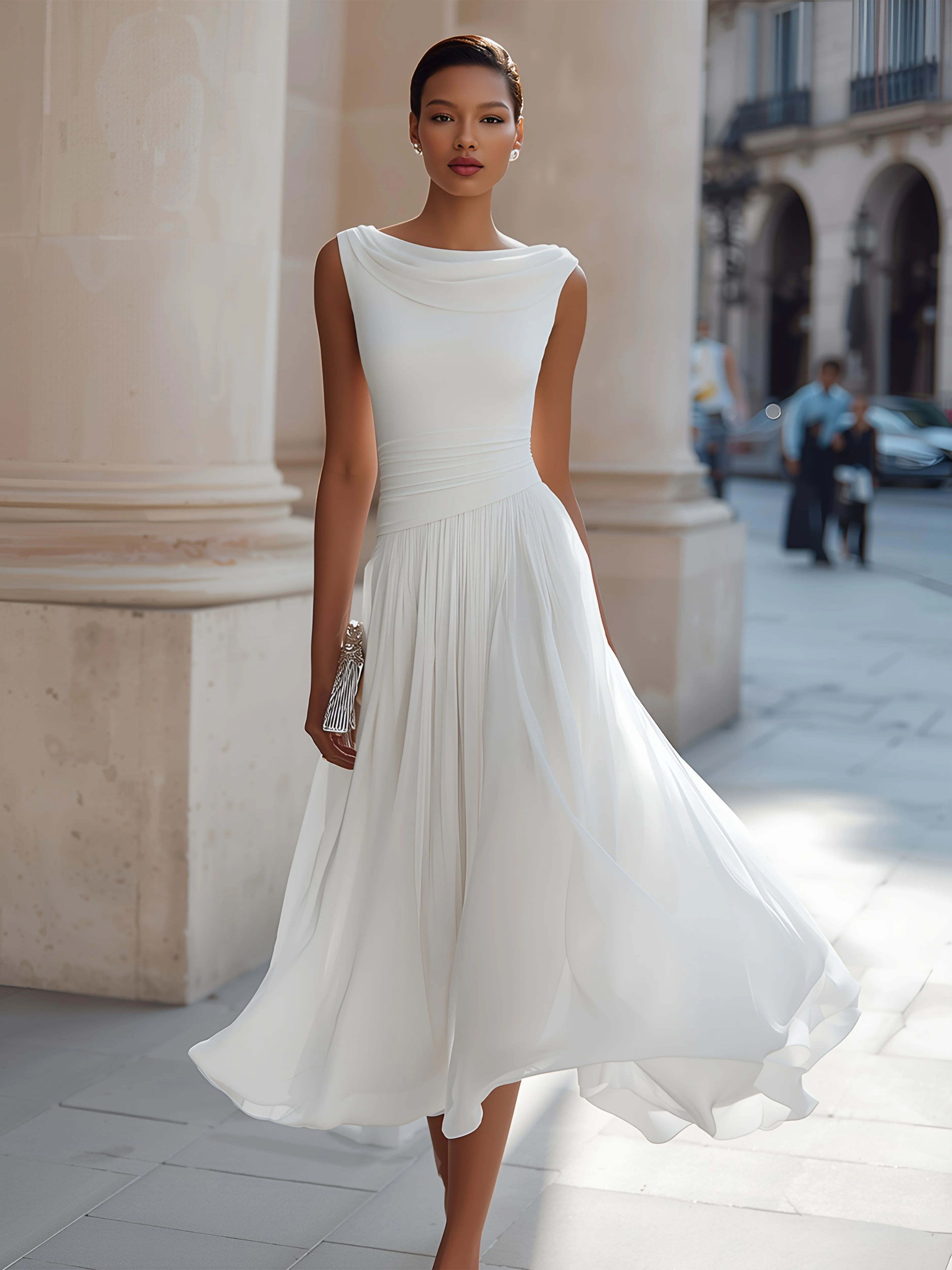 Draped Neck Sleeveless Pleated Midi Dress - kaehukai