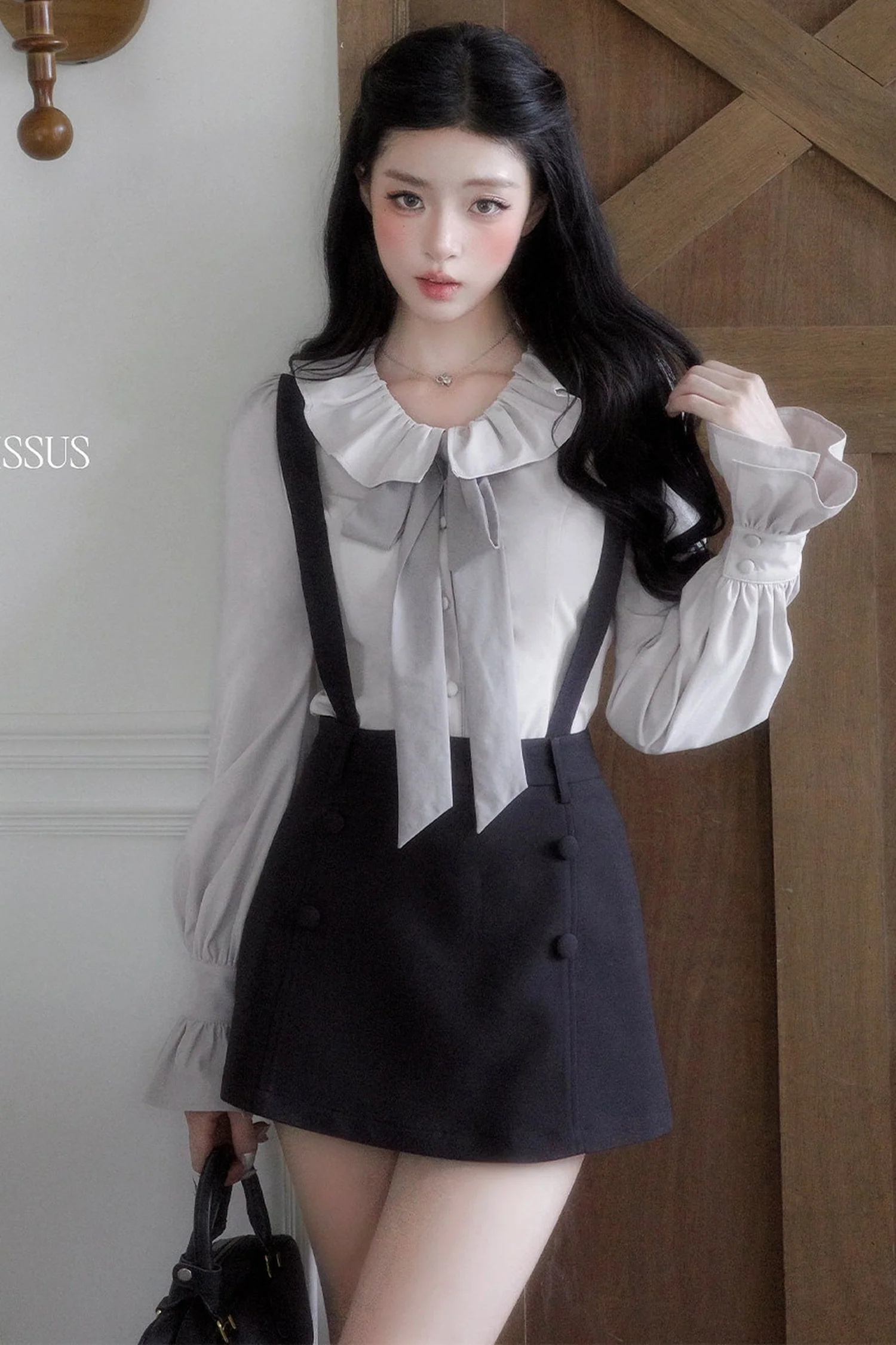 Collar Blouse And Suspender Skirt Set-Up - gxfjsh