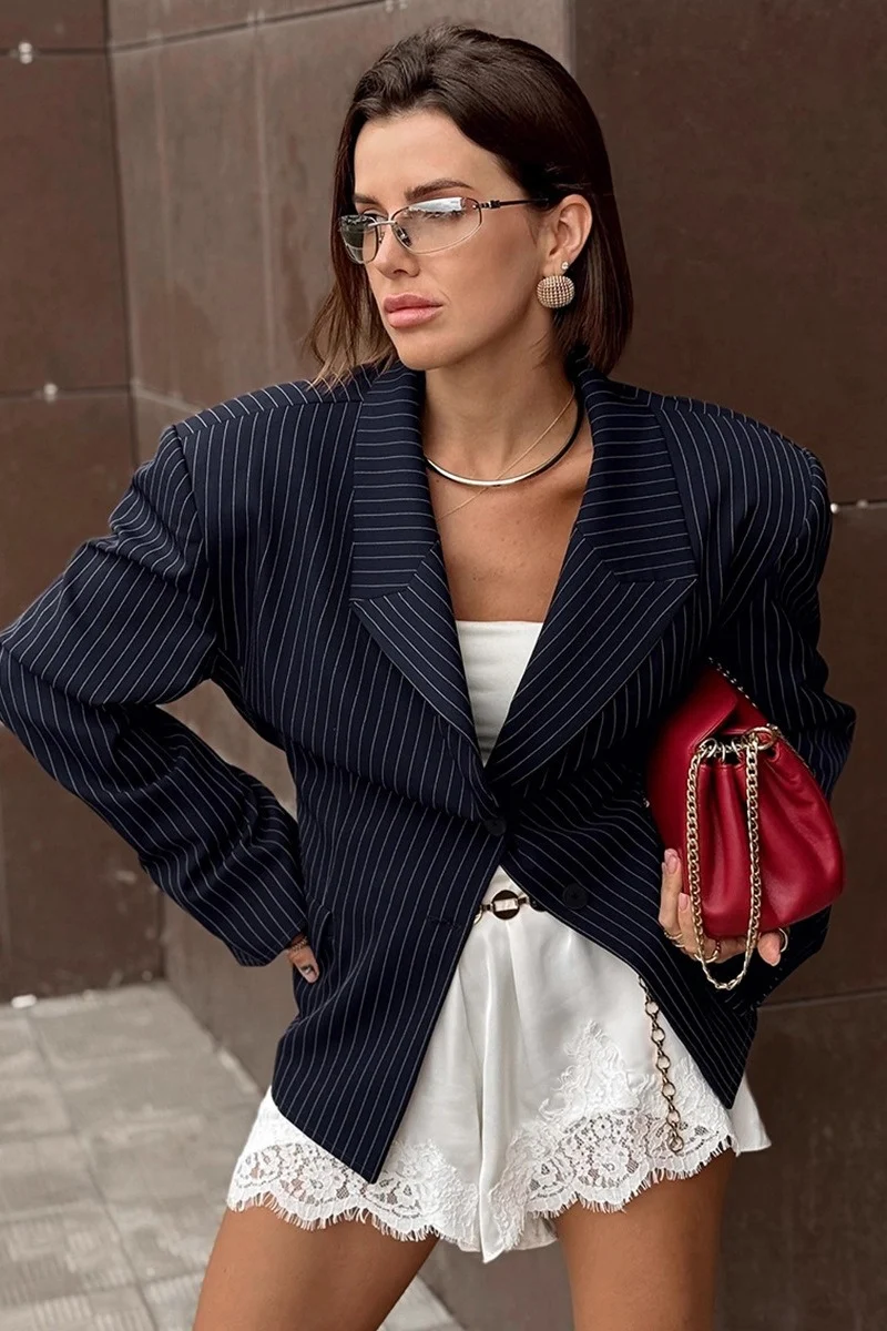 Elevated Stripe Padded Shoulder Blazer - malitai