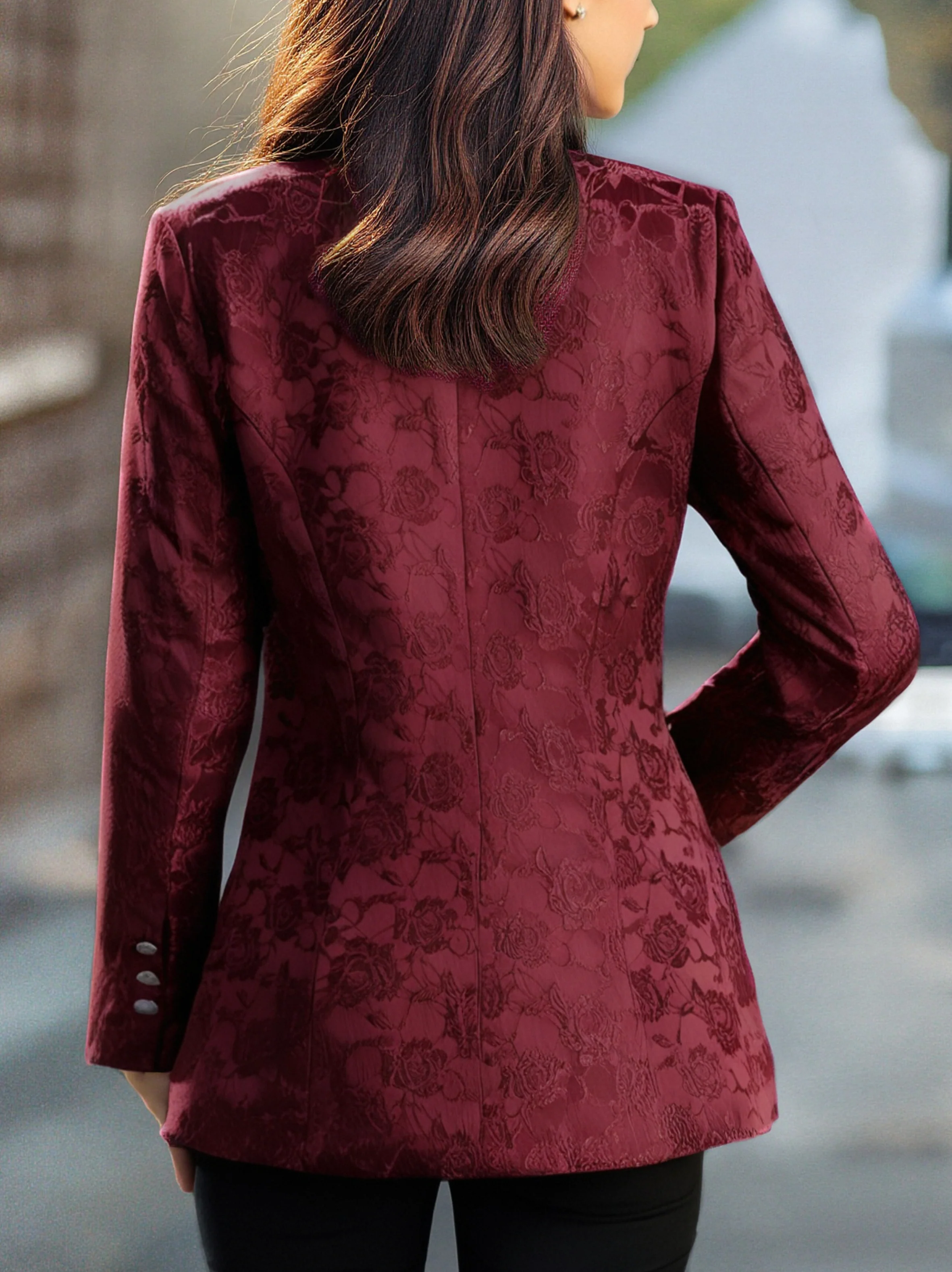 Burgundy Floral Jacquard Single-Breasted Blazer - kaehukai