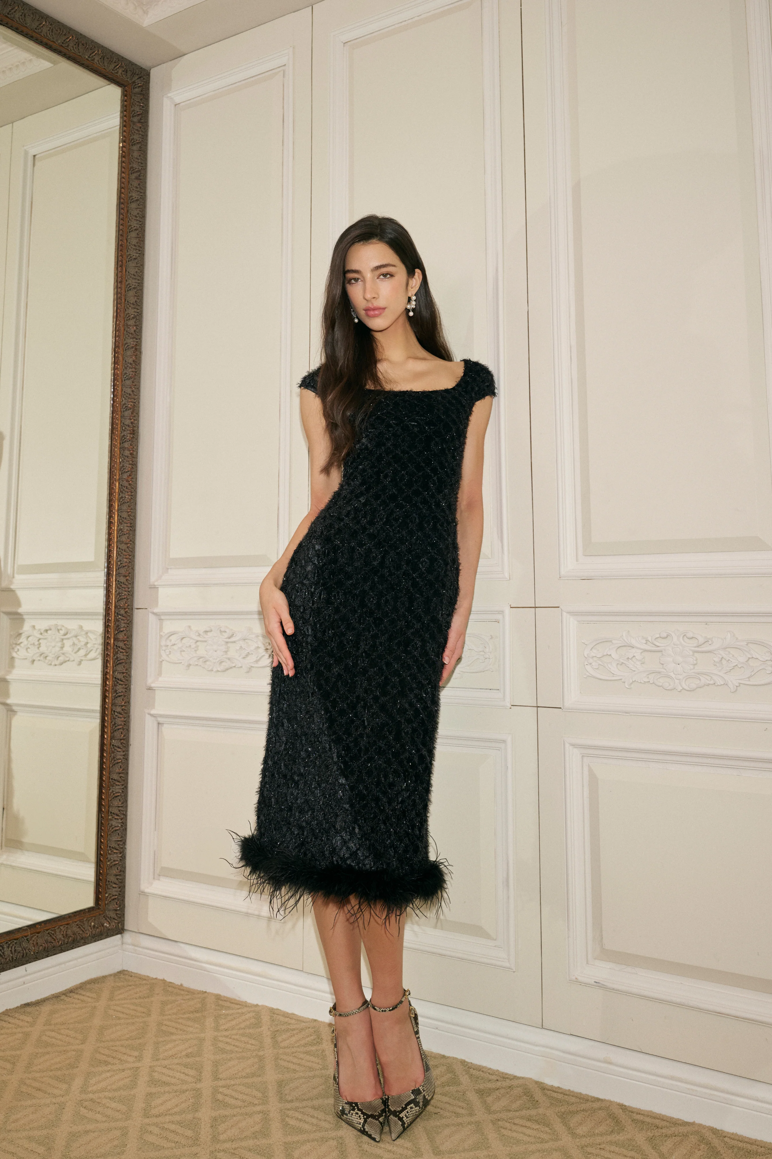 Fringed square neck velvet dress