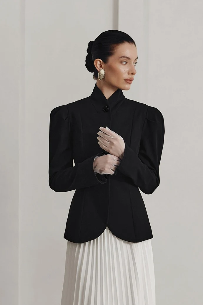 Black Mandarin Collar Puff Sleeve Blazer - malitai