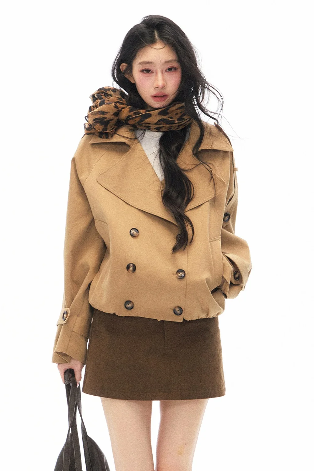 Khaki Double-Breasted Trench Coat and Skirt Set-Up - gxfjsh