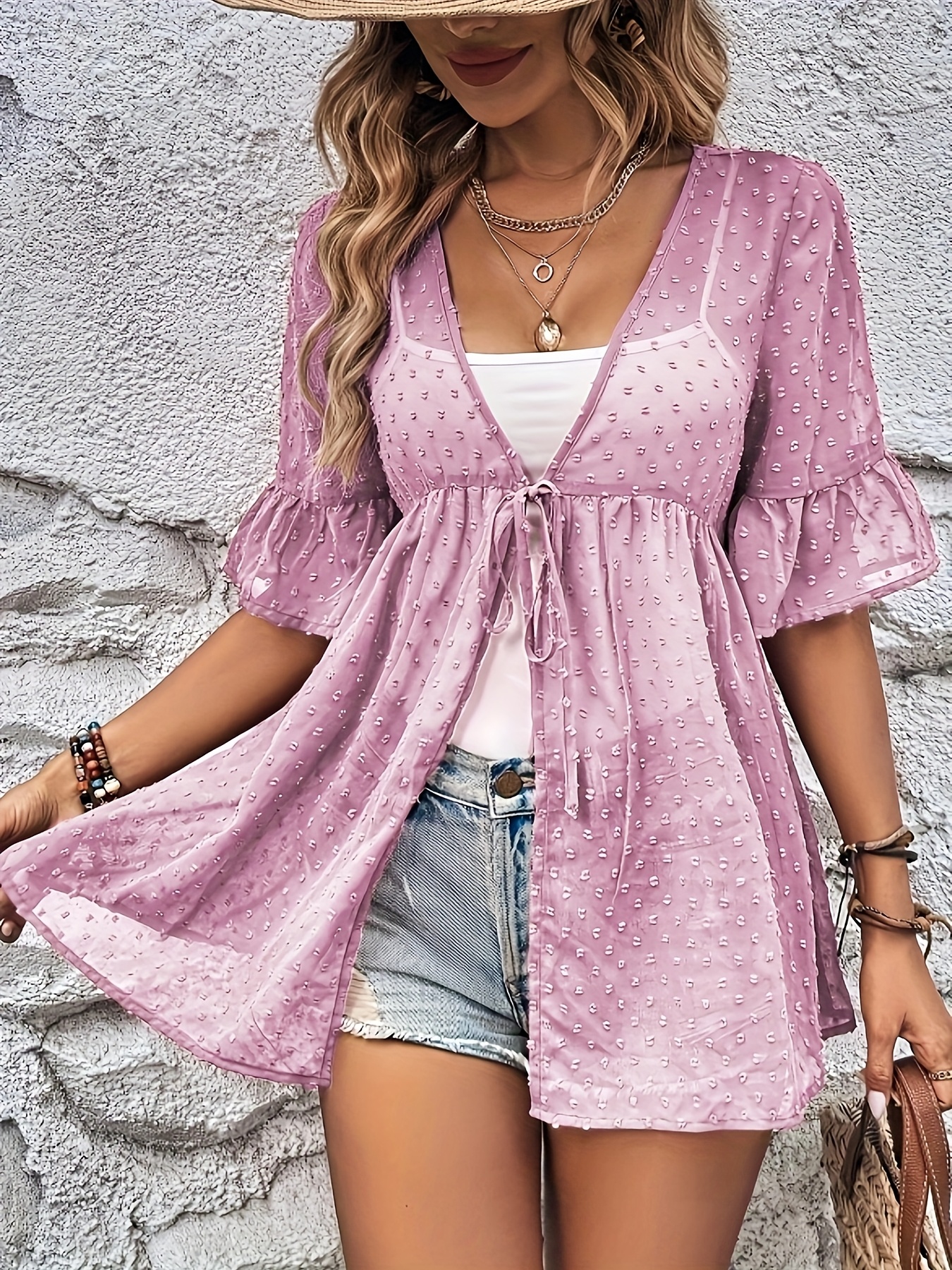 Polka Dot Top Polka Dot Mesh Women's Loose Top - Bell Sleeve with Front Pleat Tie - Summer Spring\u002FSummer Vacation Style