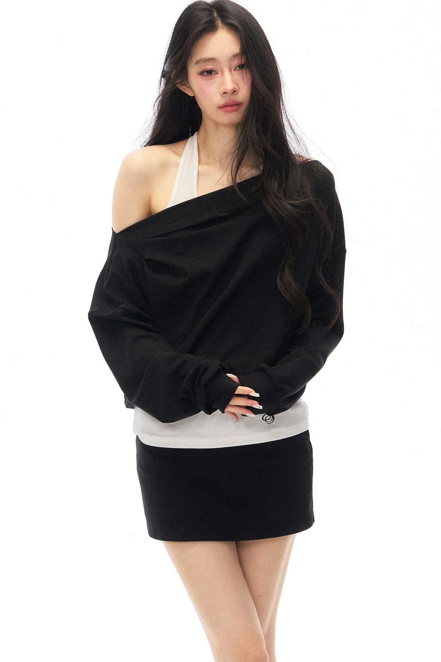Black Asymmetrical Shoulder Long-Sleeve Top and Skirt Set-Up - gxfjsh