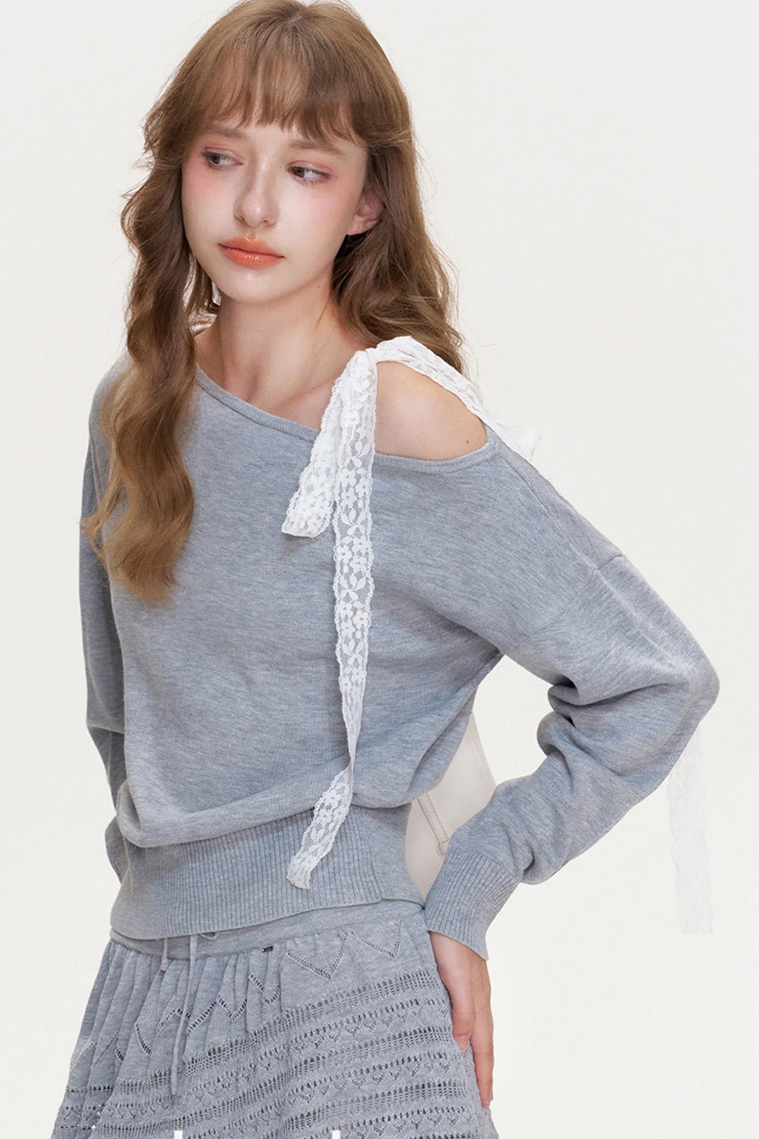 Wool Blend Off-Shoulder Lace Bow Knit Sweater and Pants Set-Up - gxfjsh