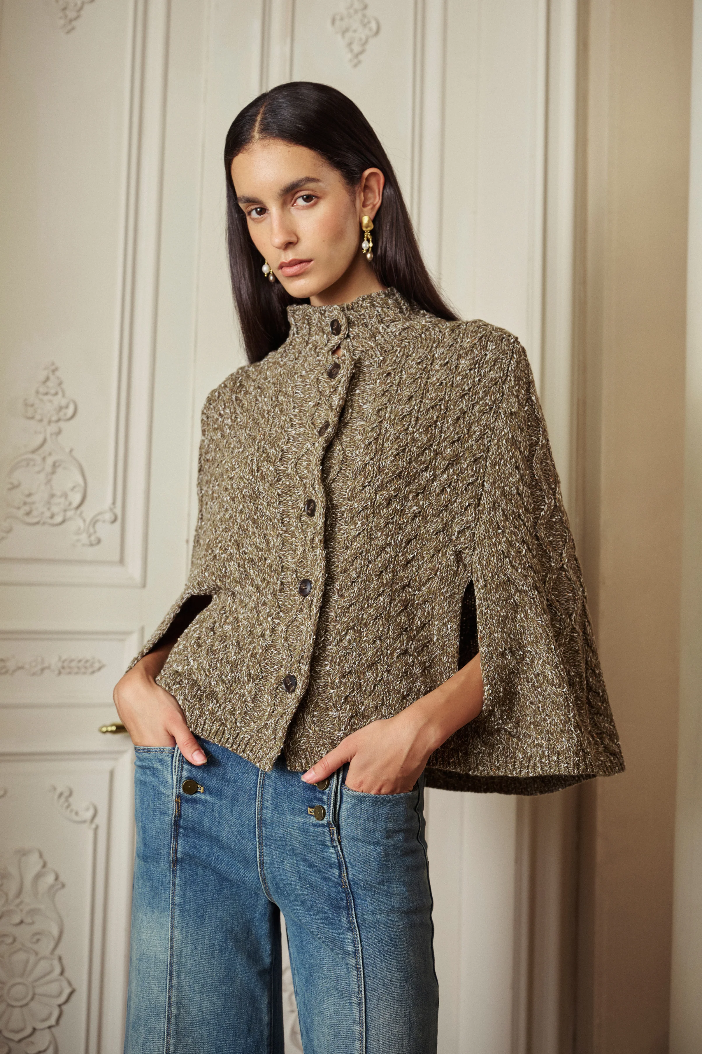 Cable knit mock-neck cape