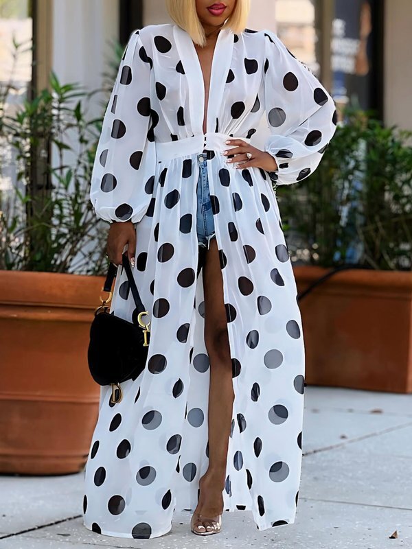 High Waisted Long Sleeves Pleated Polka-Dot See-Through Split-Joint Deep V-Neck Maxi Dresses Outerwear