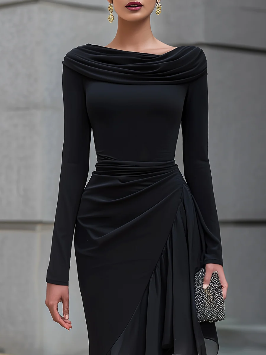 Draped Cowl Neck Layered Organza Panel Maxi Dress - kaehukai