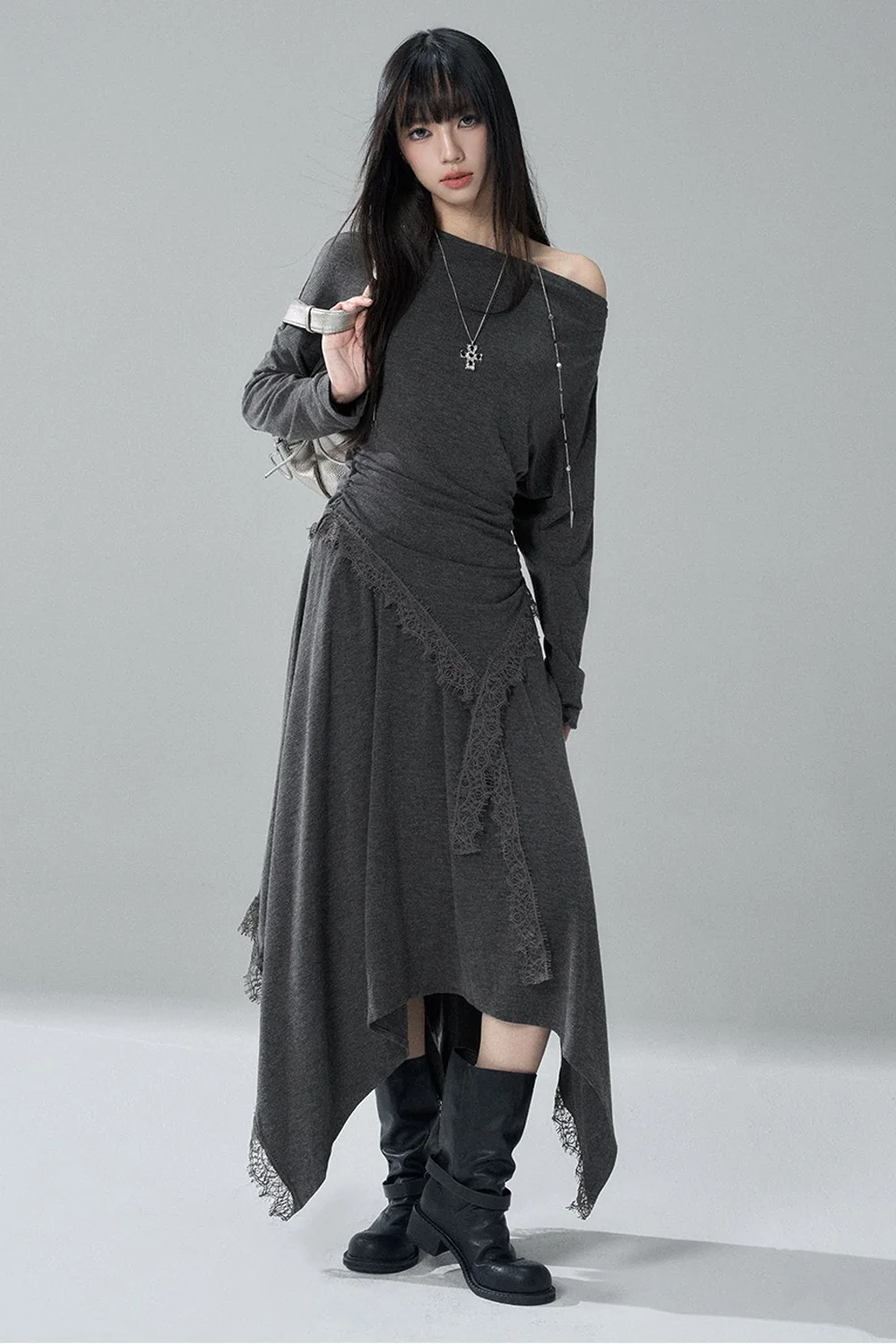 Gray Off-Shoulder Top and Irregular Hem Skirt Set-Up - gxfjsh