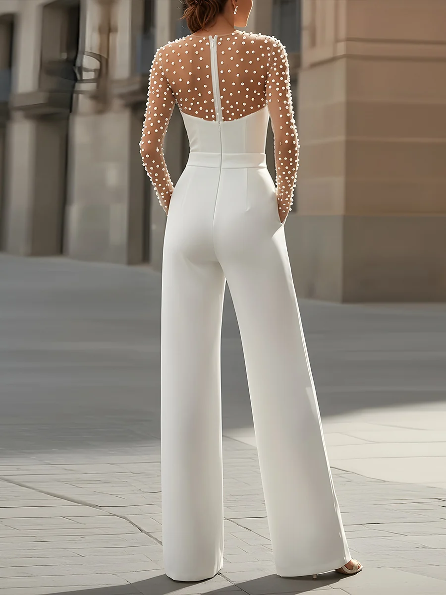 Pearl-Embellished Sheer Bodice White Jumpsuit - kaehukai