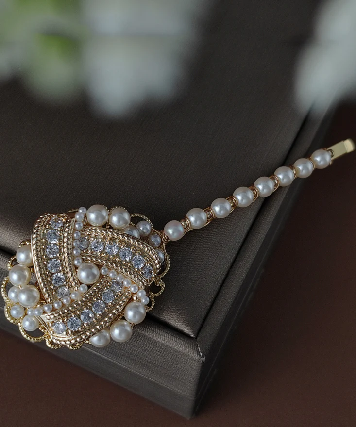 Bohemian Gold Copper Overgild Inlaid Pearl Zircon Hairpin