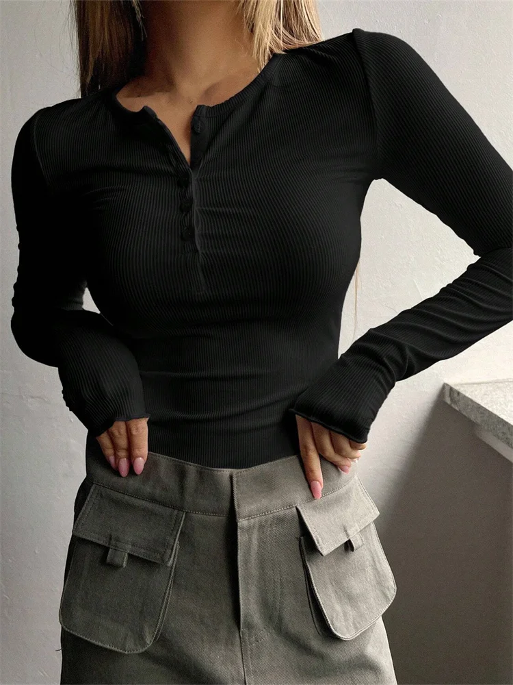 Spring Autumn Knitted Long Sleeve Solid Color Buttons Up Ribbed V-neck Streetwear T-shirts - malitai