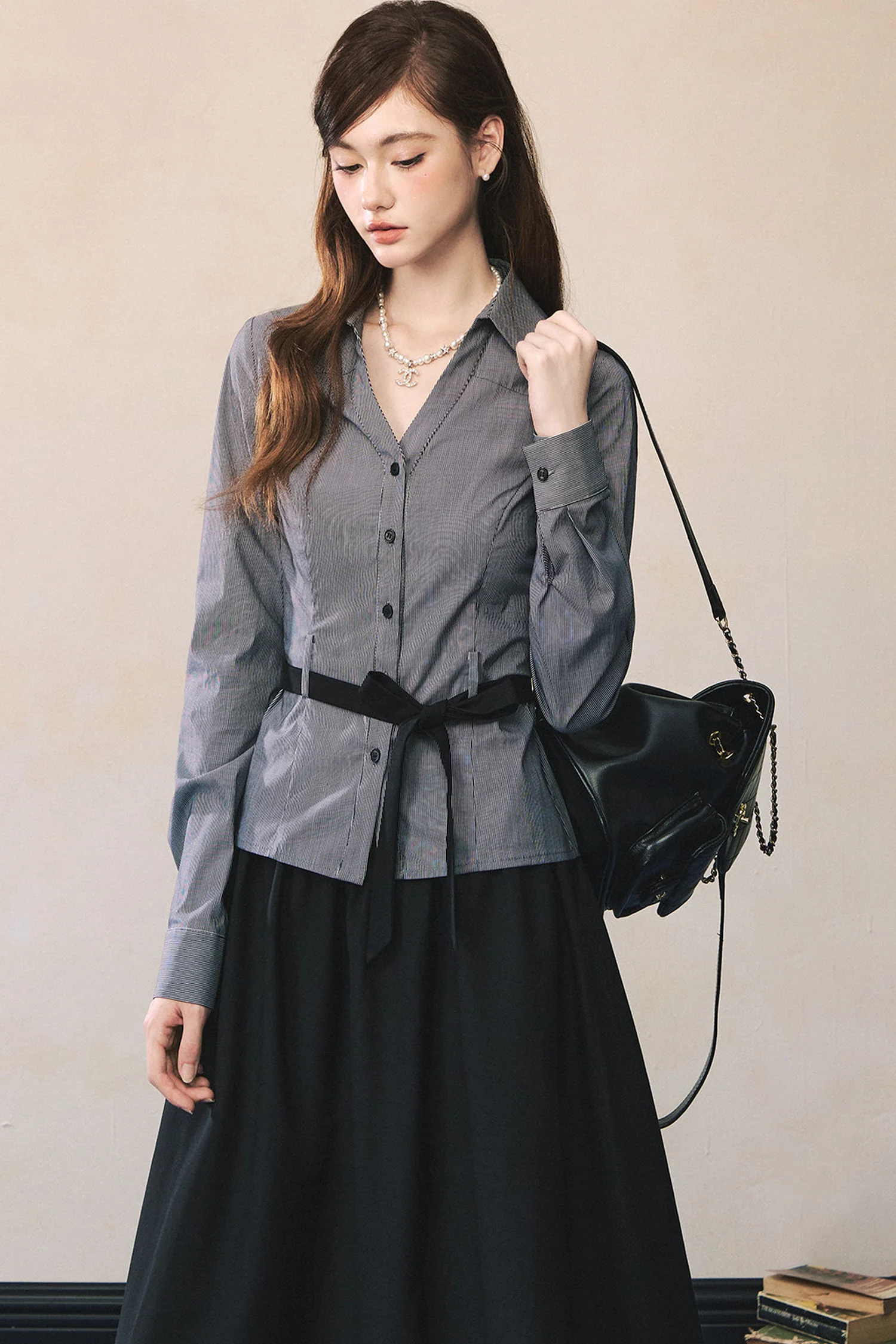 V-Neck Long-Sleeved Tie-Waist Shirt - gxfjsh