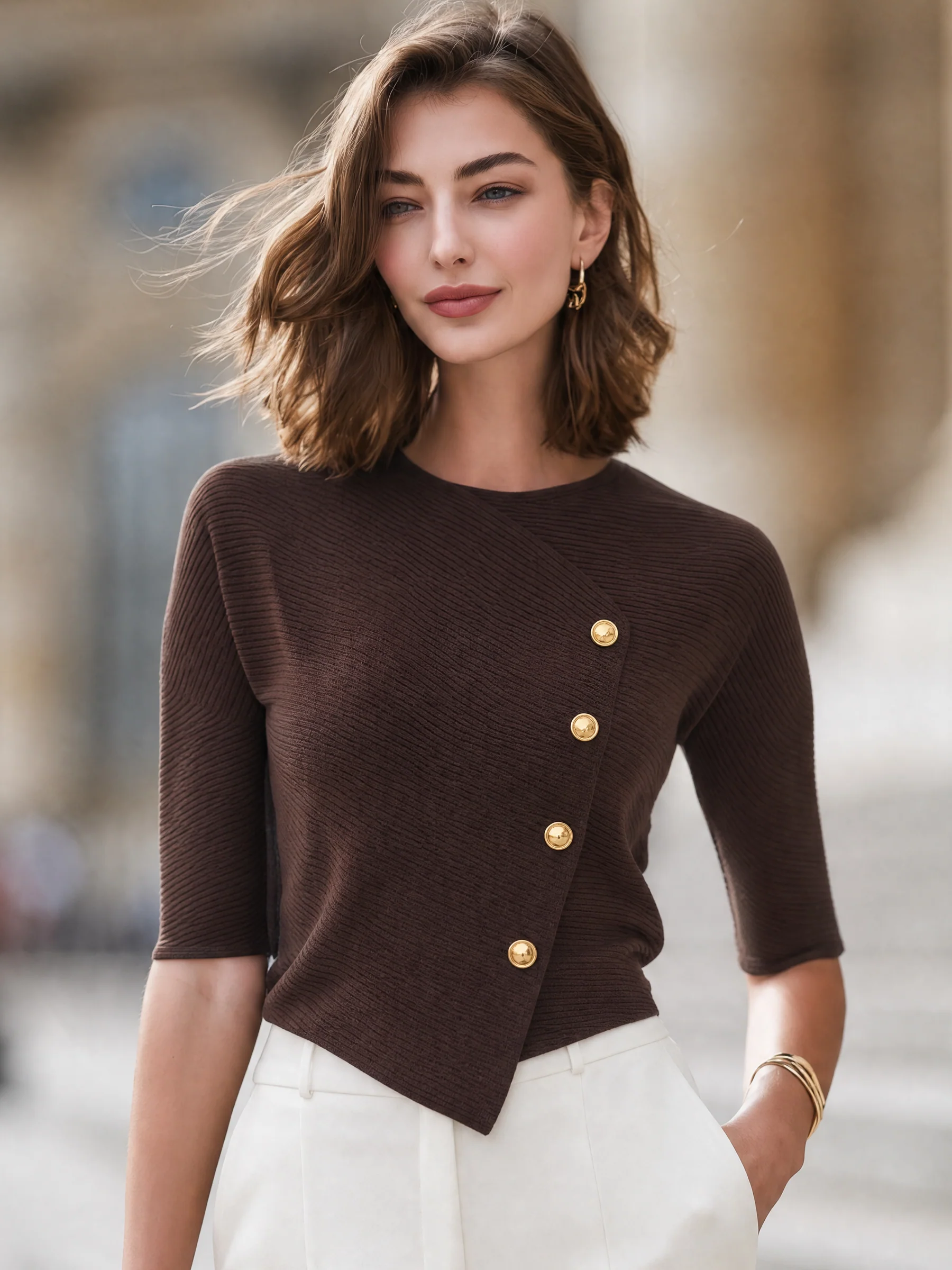 Asymmetric Button-Accent Ribbed Knit Top - kaehukai