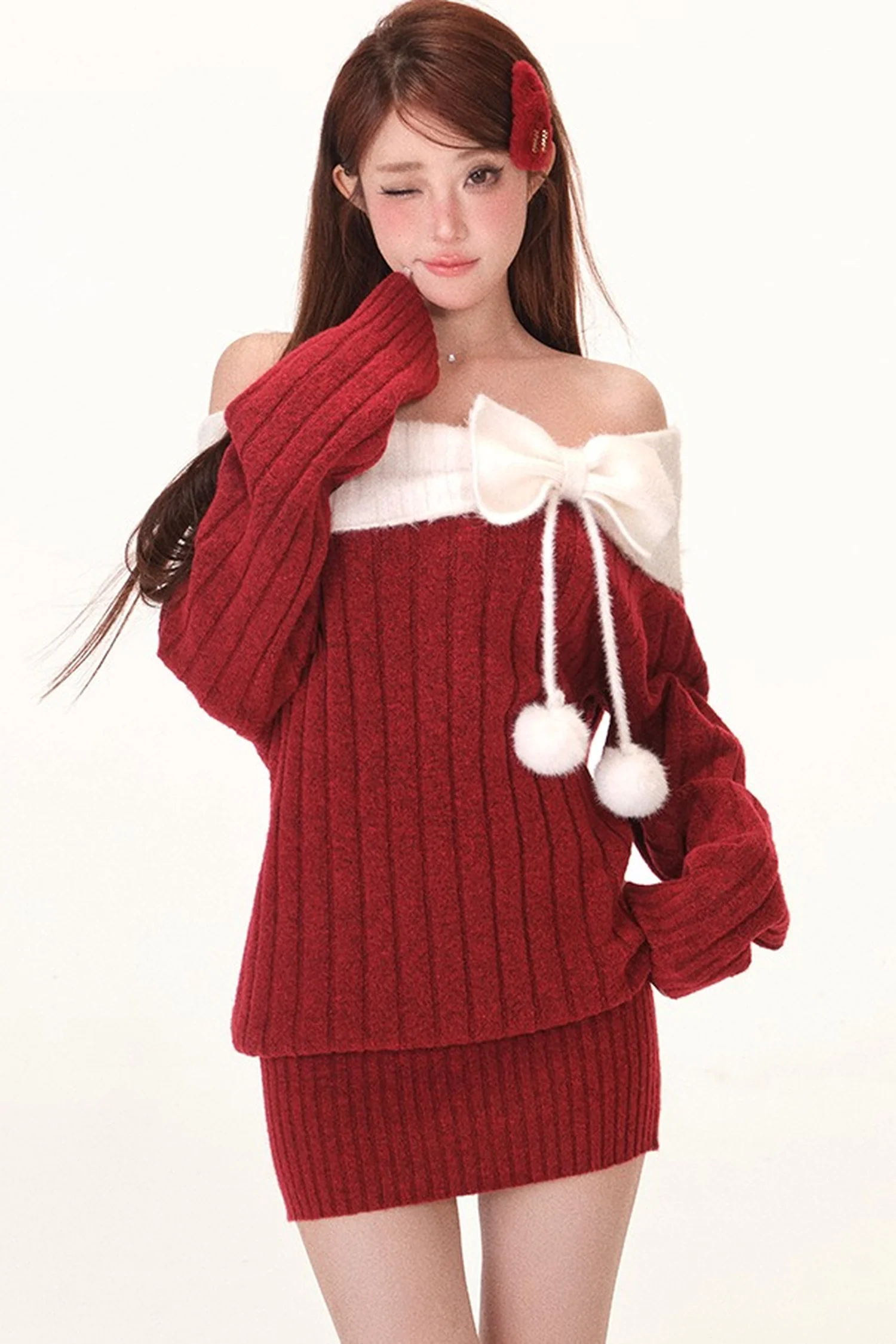 Off-Shoulder Bowknot Pom-Pom Knit Dress - gxfjsh