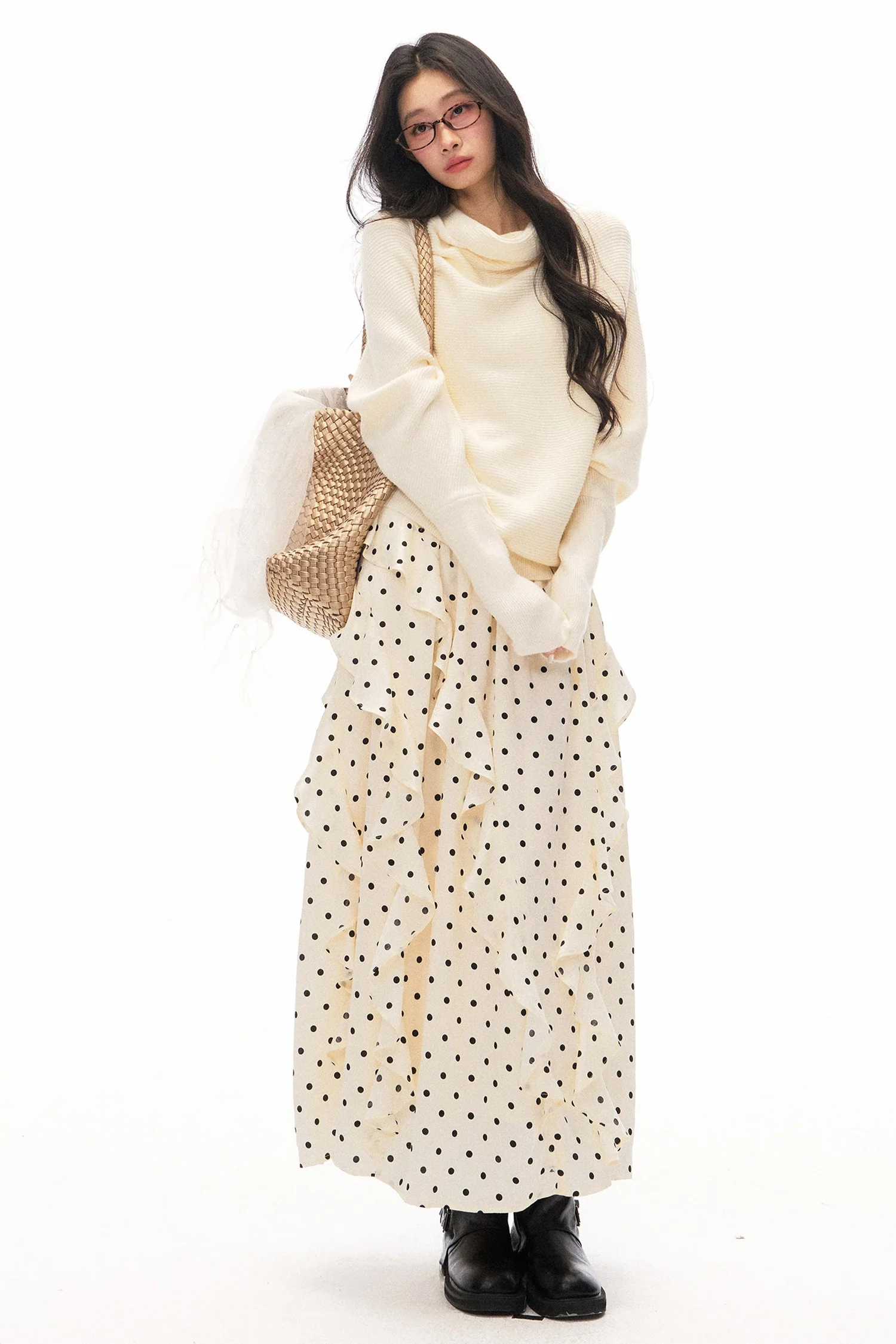 Asymmetrical Polka Dot Ruffle Long Skirt Set-Up - gxfjsh