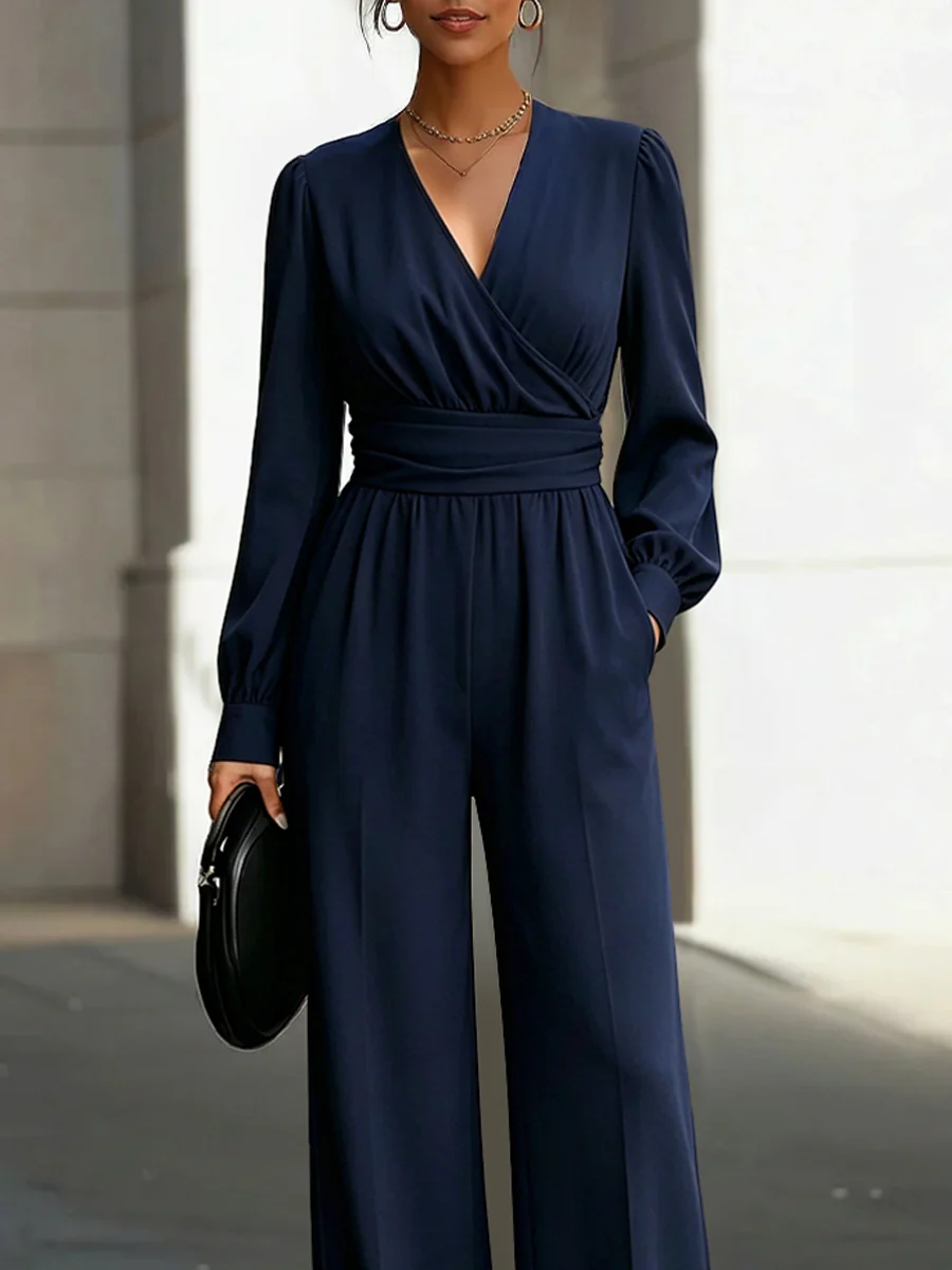 Draped V-Neck Long-Sleeve Wide-Leg Jumpsuit - kaehukai