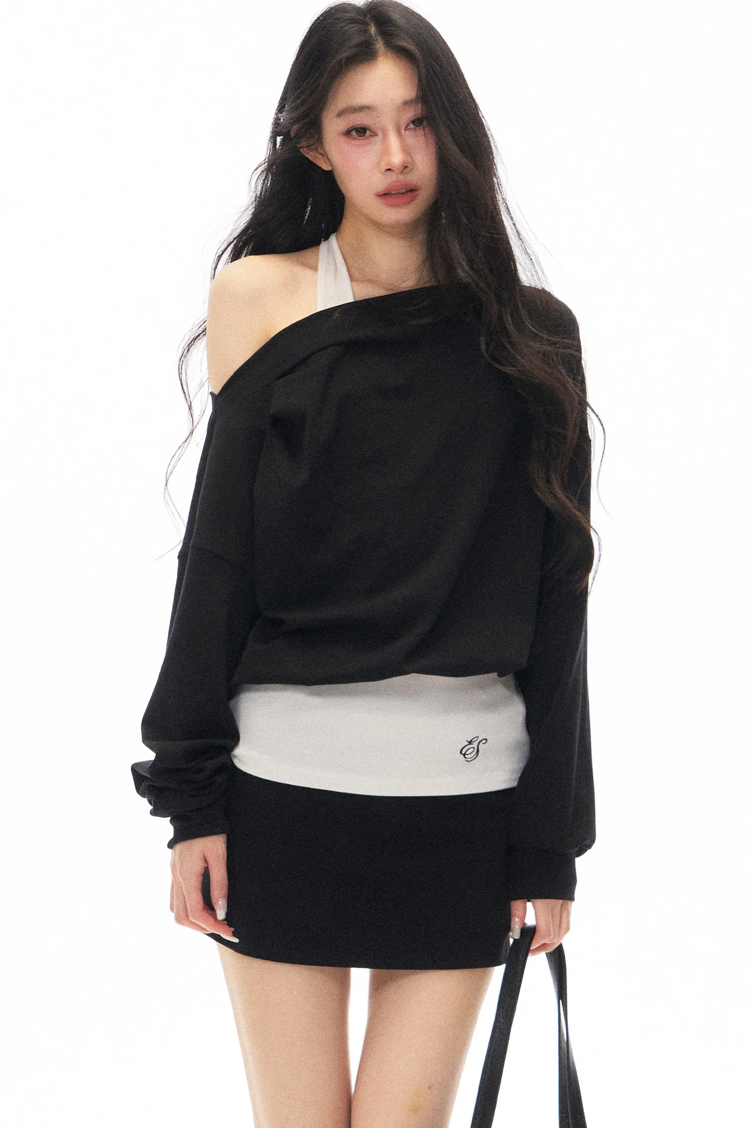 Black Asymmetrical Shoulder Long-Sleeve Top and Skirt Set-Up - gxfjsh