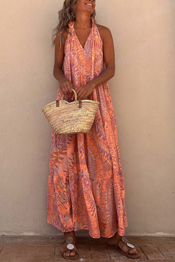 Orange Geometric Print Tassel Tie Halterneck Maxi Dress