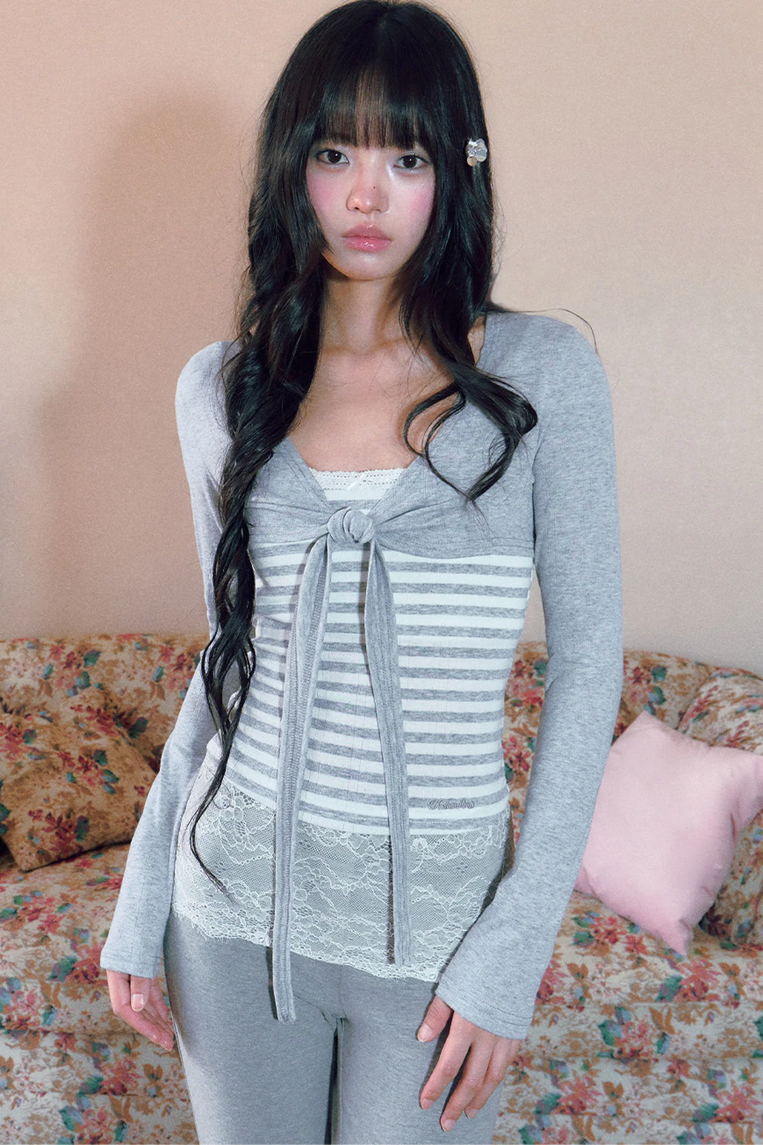 Striped Bow Tie Long Sleeve Cardigan and Lace Camisole Set-Up - gxfjsh